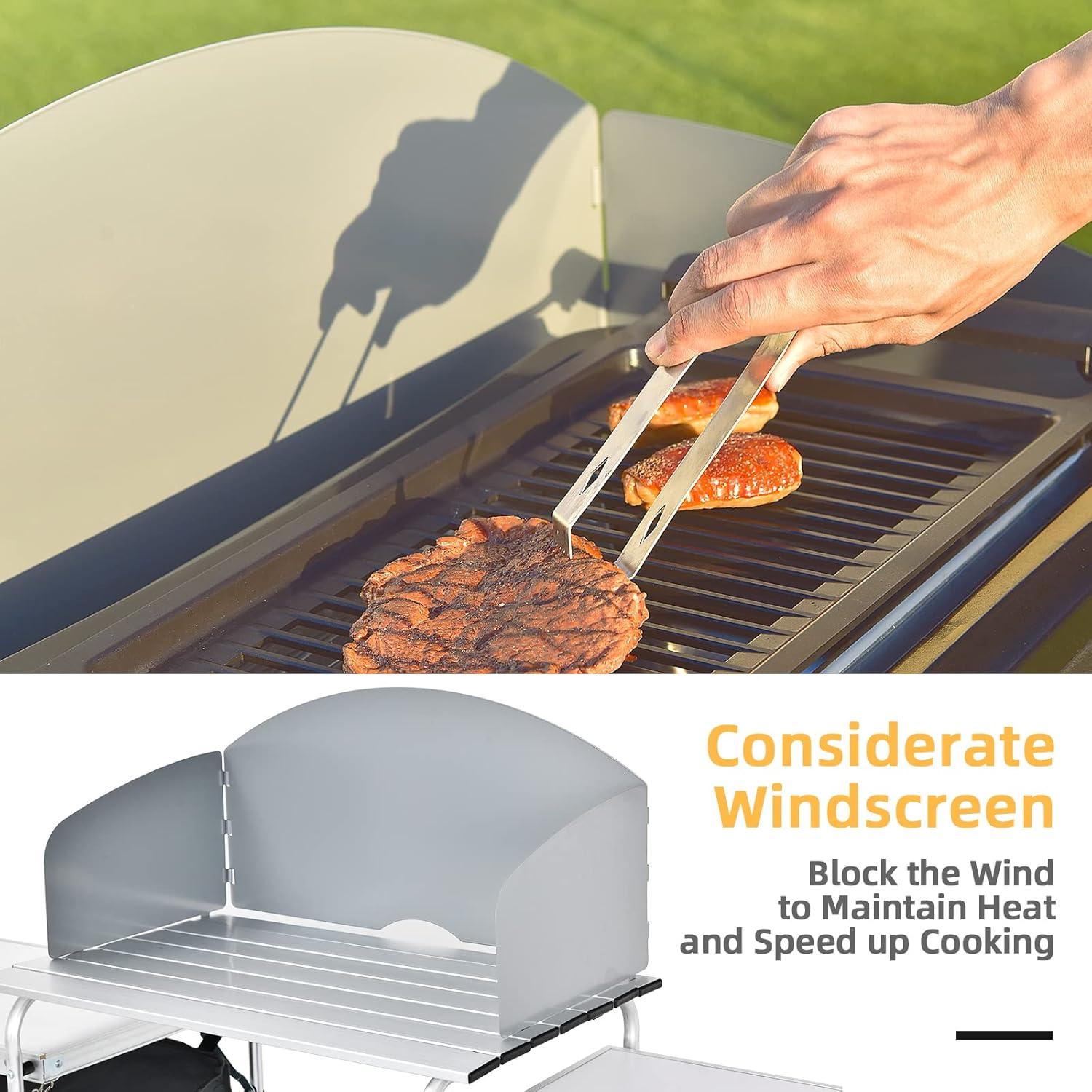 image:imageGiantex Camping Kitchen Station Folding Grill Table with 26 Tabletop 2 Side Tables Storage Organizer Detachable Windscreen Portable Camp Cook Outdoor Prep Station Backyard BBQ Picnic BlackGrey