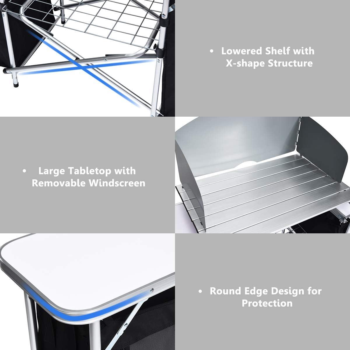 image:imageGiantex Camping Kitchen Station Folding Grill Table with 26 Tabletop 2 Side Tables Storage Organizer Detachable Windscreen Portable Camp Cook Outdoor Prep Station Backyard BBQ Picnic BlackBlack