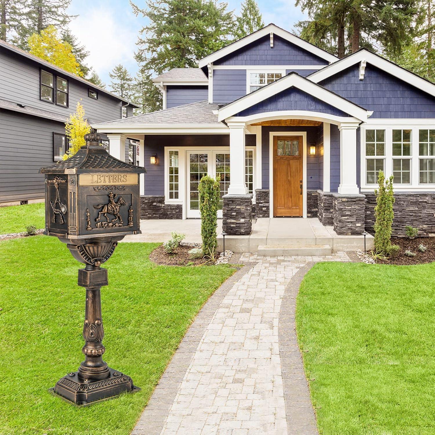 image:imageGiantex Cast Aluminum Mailbox with Post Locking Residential Mailboxes for Outside with Keys Baffle Door Expansion Bolts Address Panel InGround RustProof Large Security Postal Mailbox BronzeBronze