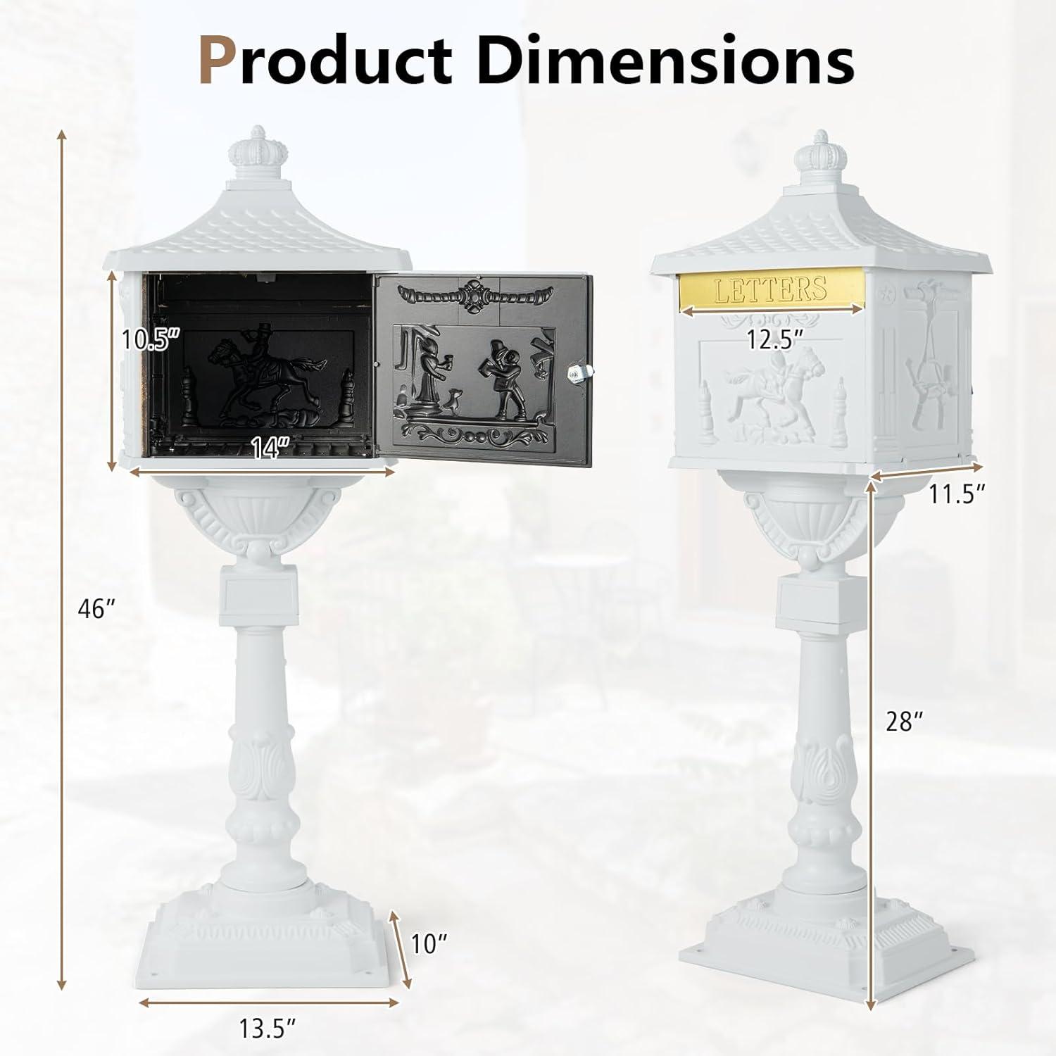 image:imageGiantex Cast Aluminum Mailbox with Post Locking Residential Mailboxes for Outside with Keys Baffle Door Expansion Bolts Address Panel InGround RustProof Large Security Postal Mailbox BronzeWhite