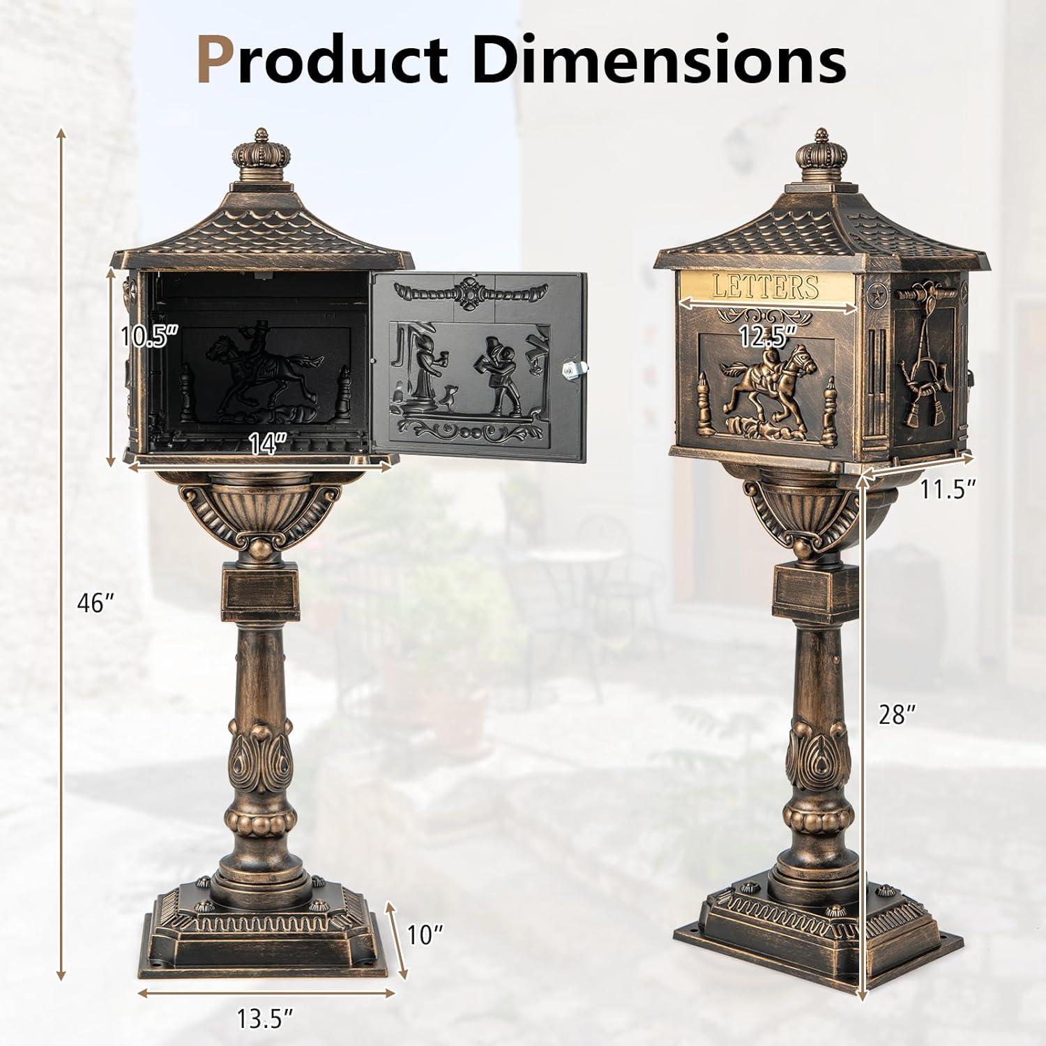 image:imageGiantex Cast Aluminum Mailbox with Post Locking Residential Mailboxes for Outside with Keys Baffle Door Expansion Bolts Address Panel InGround RustProof Large Security Postal Mailbox BronzeBronze