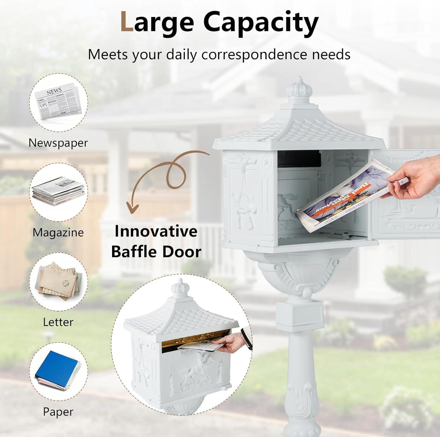 image:imageGiantex Cast Aluminum Mailbox with Post Locking Residential Mailboxes for Outside with Keys Baffle Door Expansion Bolts Address Panel InGround RustProof Large Security Postal Mailbox BronzeWhite