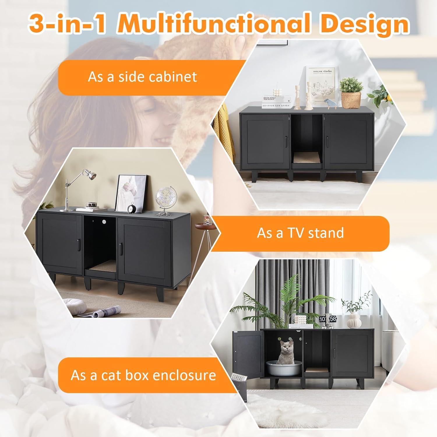 image:imageGiantex Cat Litter Box Enclosure Cat Washroom Hidden Furniture 2 Storage Cabinets Removable Cat Scratcher Air Vents Detachable Legs Wood Pet Crate Indoor Cat House TV Stand Rustic BrownBlack