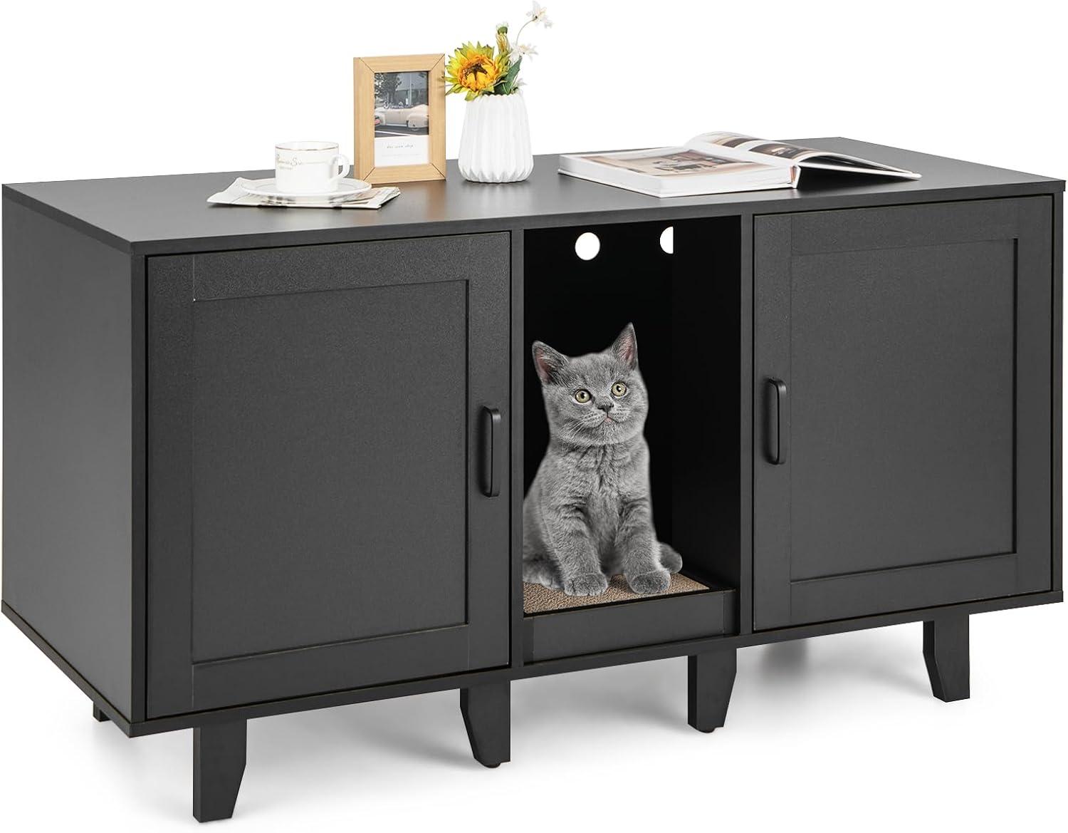 image:imageGiantex Cat Litter Box Enclosure Cat Washroom Hidden Furniture 2 Storage Cabinets Removable Cat Scratcher Air Vents Detachable Legs Wood Pet Crate Indoor Cat House TV Stand Rustic BrownBlack