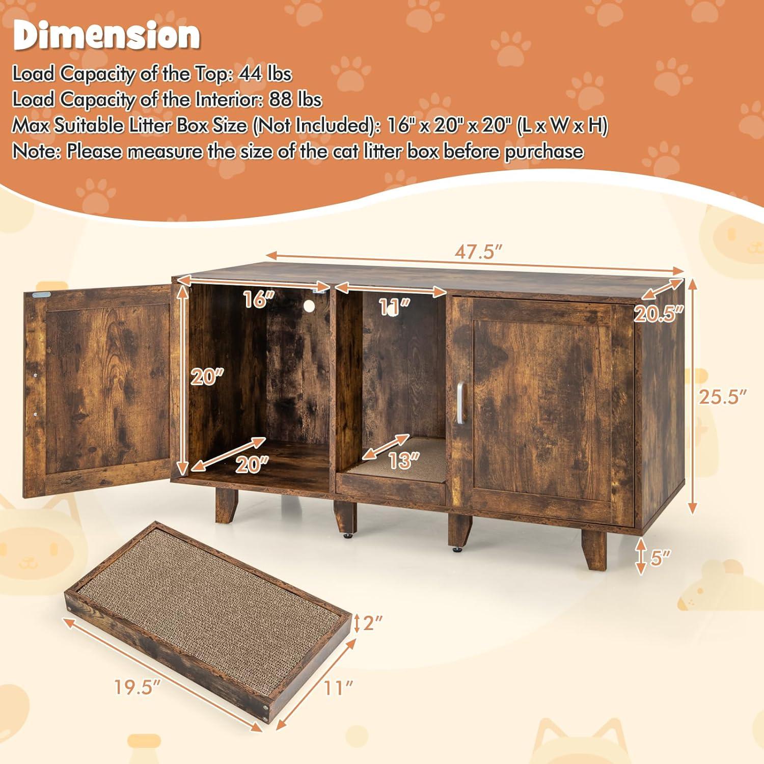 image:imageGiantex Cat Litter Box Enclosure Cat Washroom Hidden Furniture 2 Storage Cabinets Removable Cat Scratcher Air Vents Detachable Legs Wood Pet Crate Indoor Cat House TV Stand Rustic BrownRustic Brown