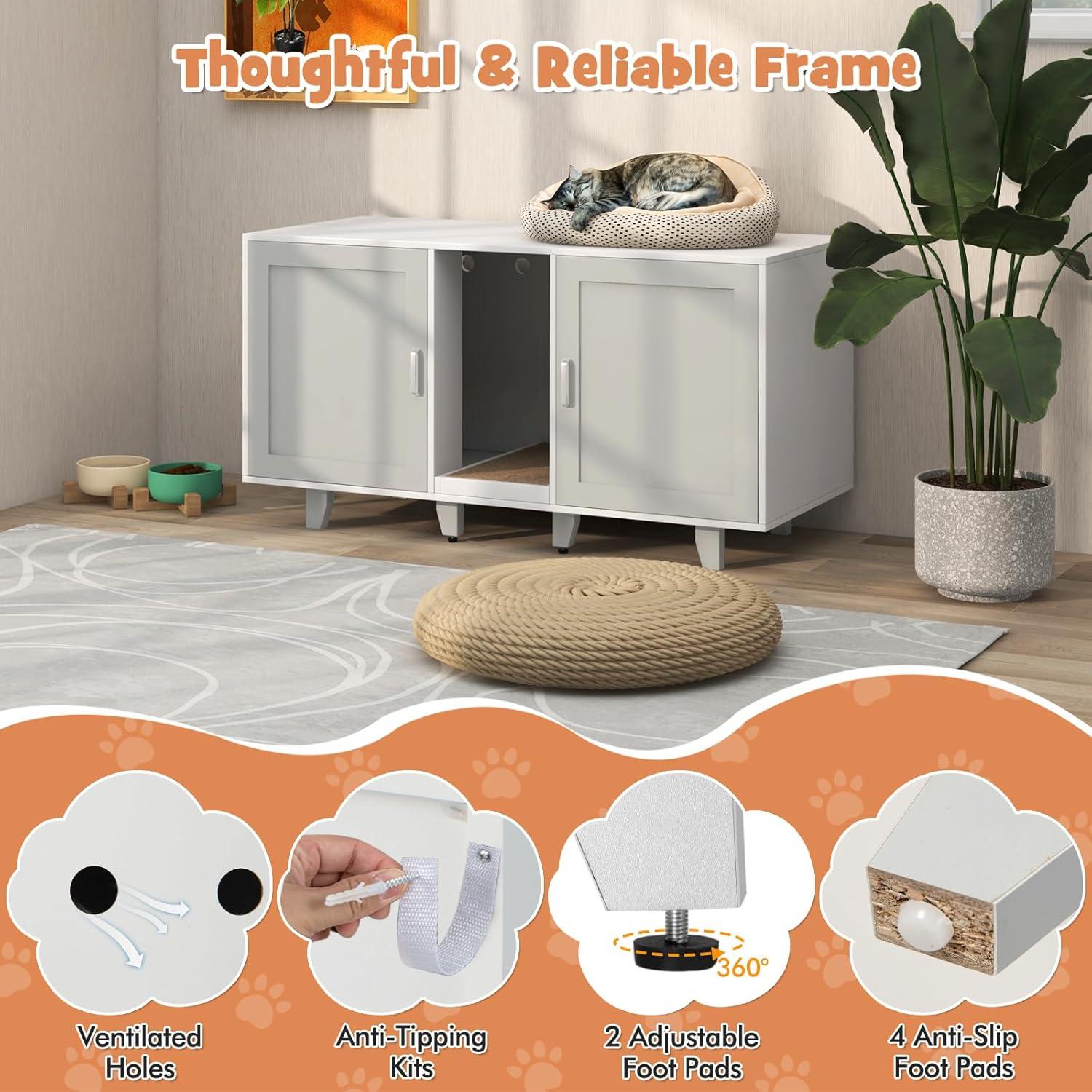 image:imageGiantex Cat Litter Box Enclosure Cat Washroom Hidden Furniture 2 Storage Cabinets Removable Cat Scratcher Air Vents Detachable Legs Wood Pet Crate Indoor Cat House TV Stand Rustic BrownLight Gray White