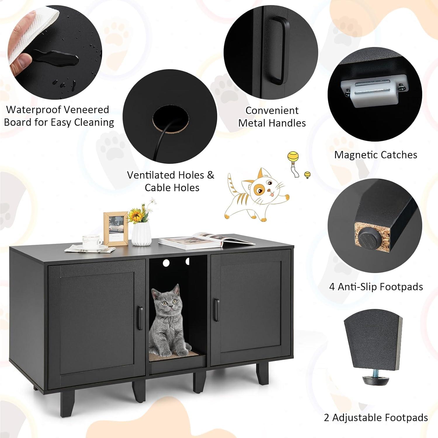 image:imageGiantex Cat Litter Box Enclosure Cat Washroom Hidden Furniture 2 Storage Cabinets Removable Cat Scratcher Air Vents Detachable Legs Wood Pet Crate Indoor Cat House TV Stand Rustic BrownBlack