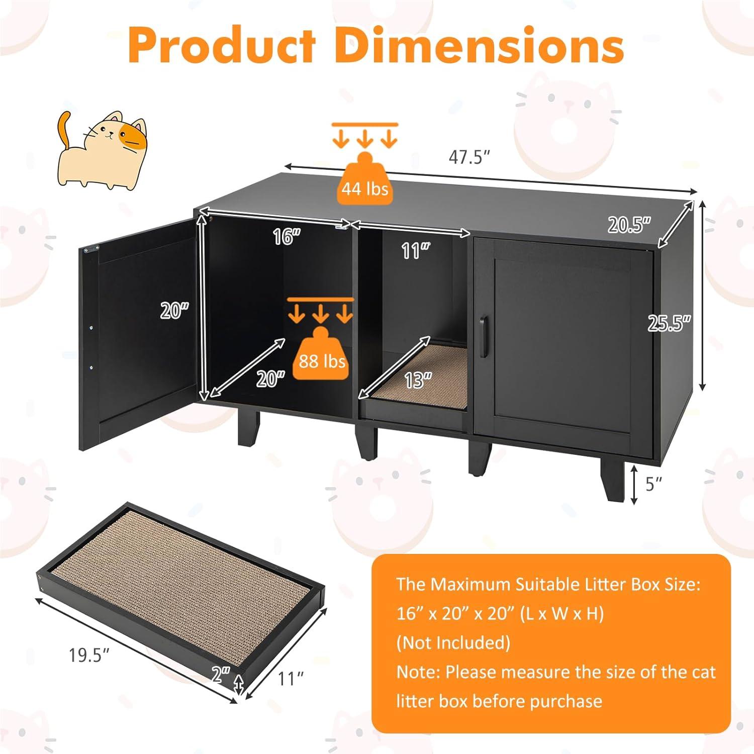 image:imageGiantex Cat Litter Box Enclosure Cat Washroom Hidden Furniture 2 Storage Cabinets Removable Cat Scratcher Air Vents Detachable Legs Wood Pet Crate Indoor Cat House TV Stand Rustic BrownBlack