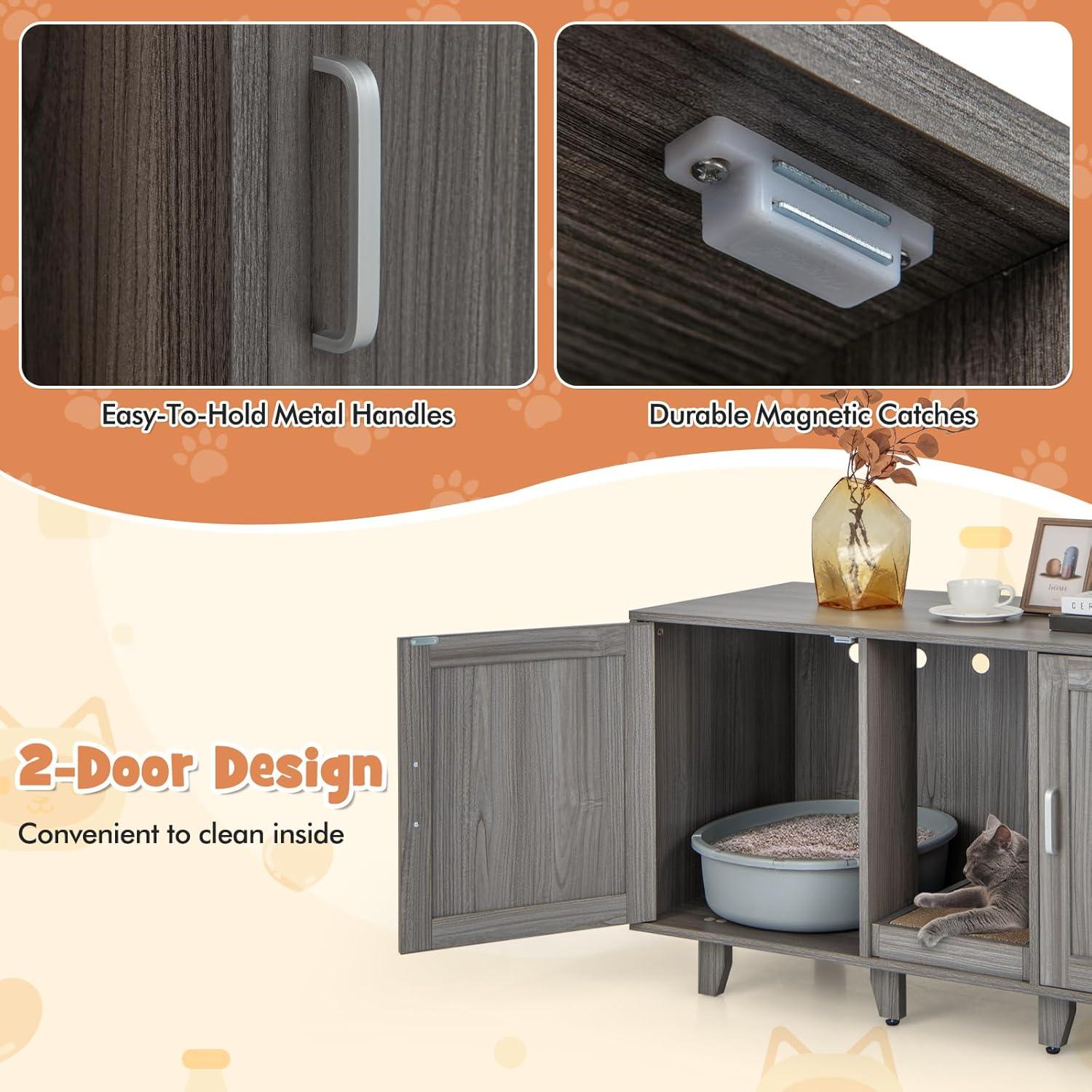 image:imageGiantex Cat Litter Box Enclosure Cat Washroom Hidden Furniture 2 Storage Cabinets Removable Cat Scratcher Air Vents Detachable Legs Wood Pet Crate Indoor Cat House TV Stand Rustic BrownGray