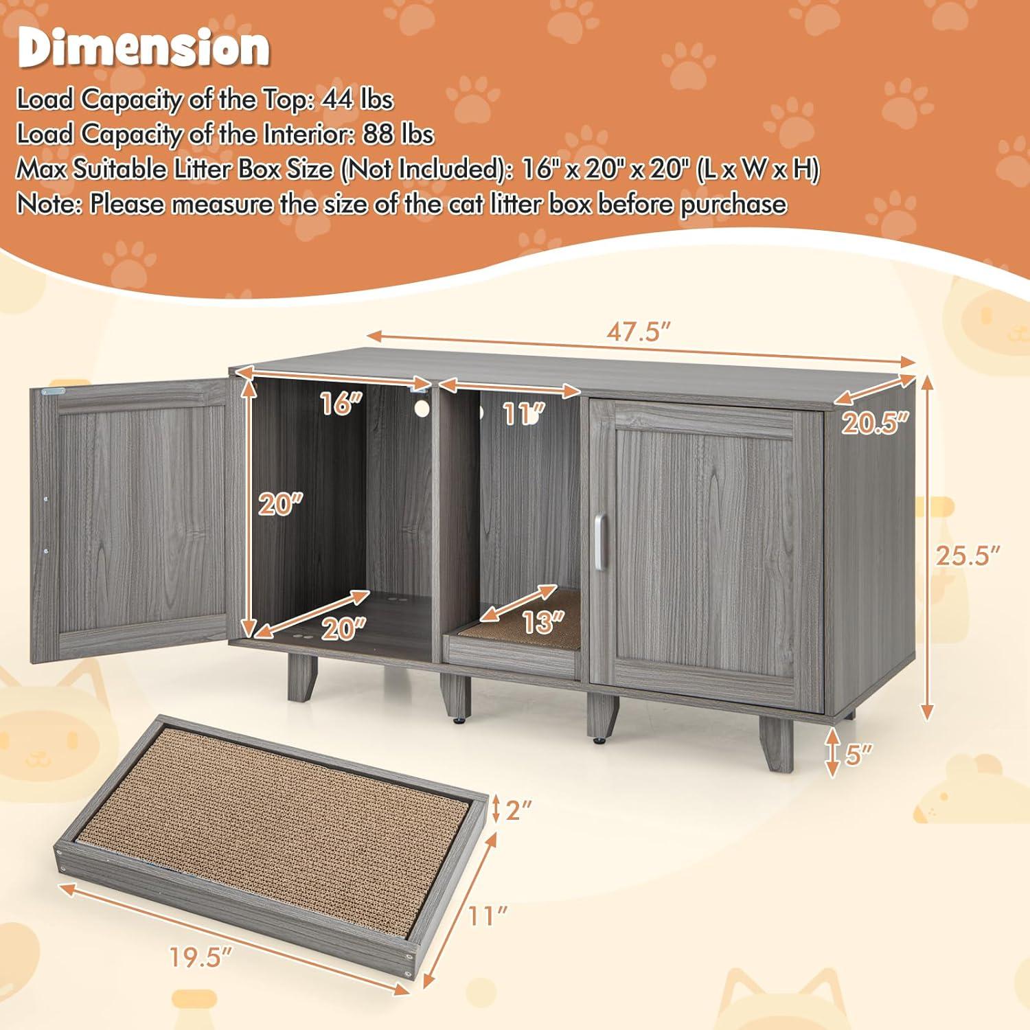 image:imageGiantex Cat Litter Box Enclosure Cat Washroom Hidden Furniture 2 Storage Cabinets Removable Cat Scratcher Air Vents Detachable Legs Wood Pet Crate Indoor Cat House TV Stand Rustic BrownGray