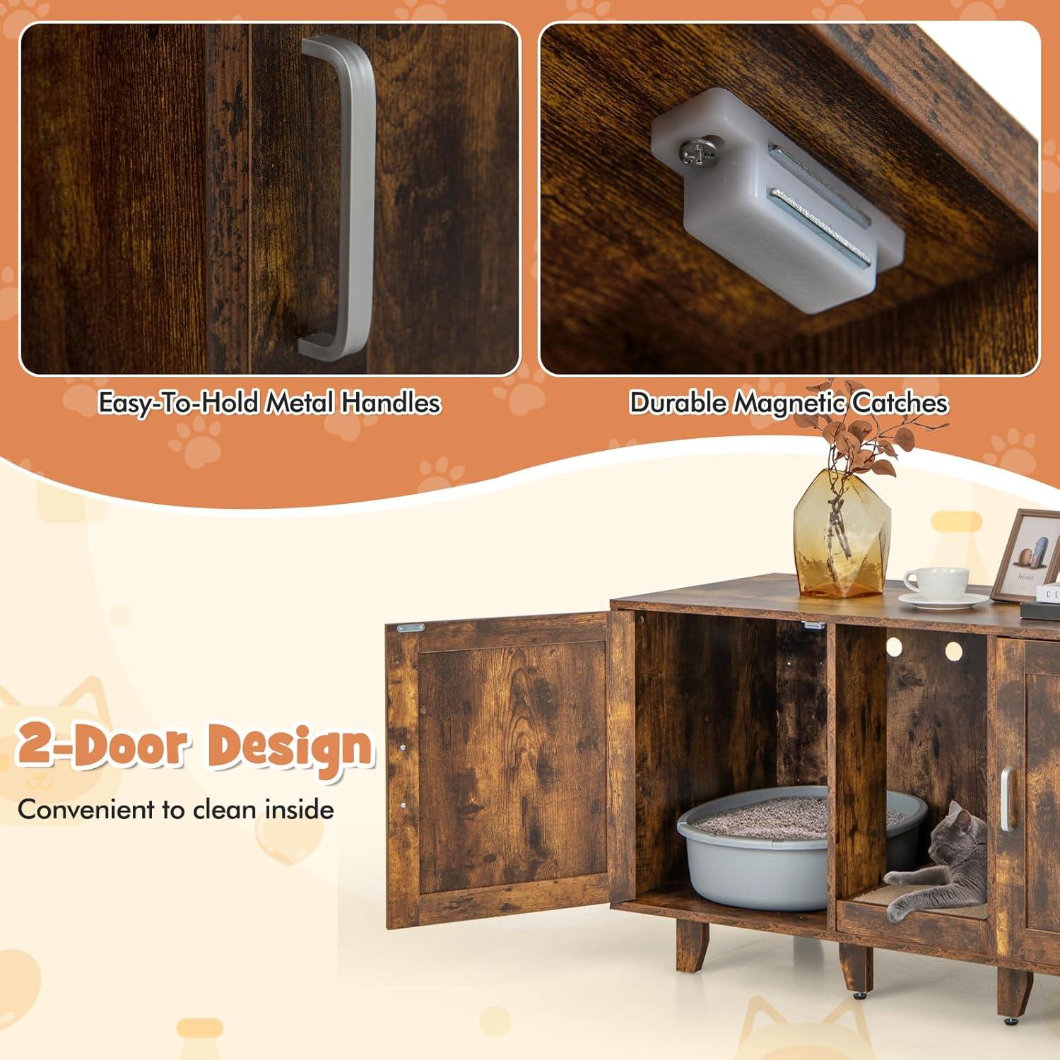 image:imageGiantex Cat Litter Box Enclosure Cat Washroom Hidden Furniture 2 Storage Cabinets Removable Cat Scratcher Air Vents Detachable Legs Wood Pet Crate Indoor Cat House TV Stand Rustic BrownRustic Brown
