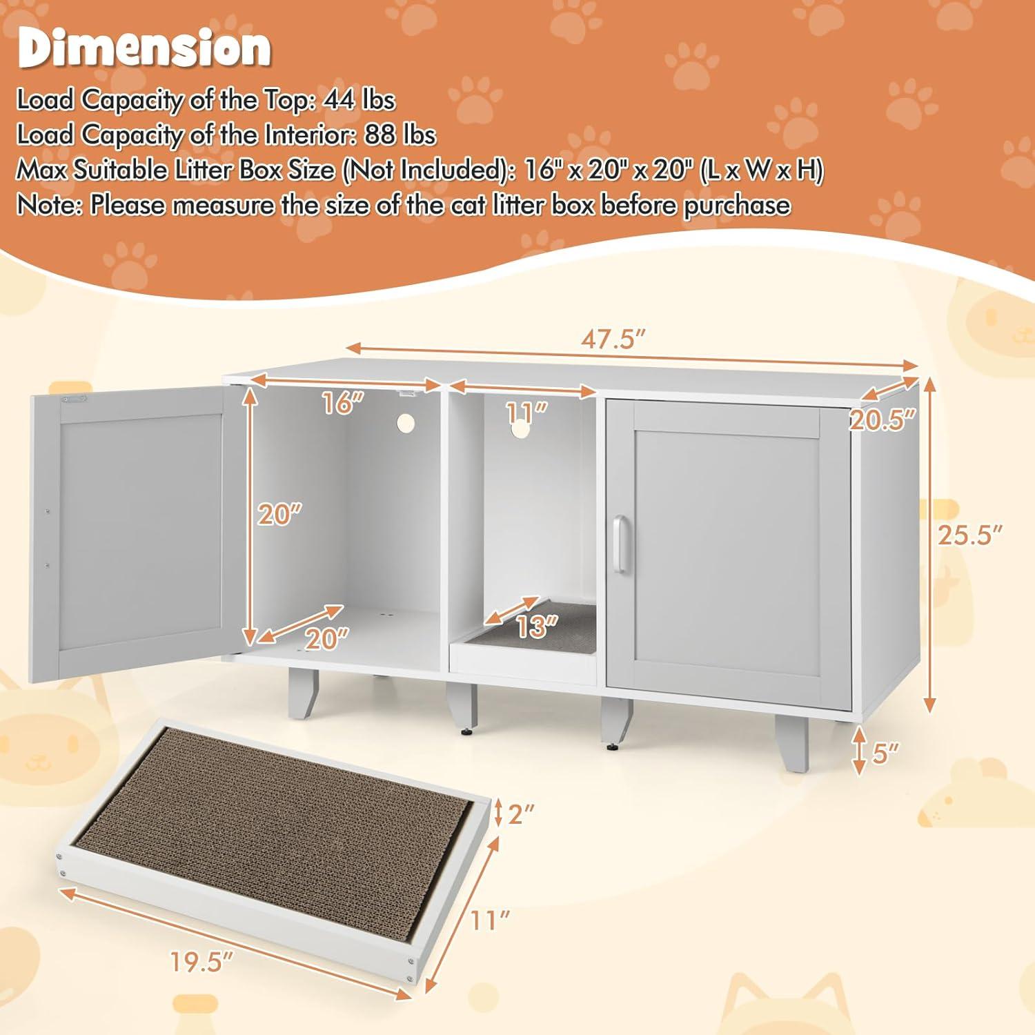 image:imageGiantex Cat Litter Box Enclosure Cat Washroom Hidden Furniture 2 Storage Cabinets Removable Cat Scratcher Air Vents Detachable Legs Wood Pet Crate Indoor Cat House TV Stand Rustic BrownLight Gray White