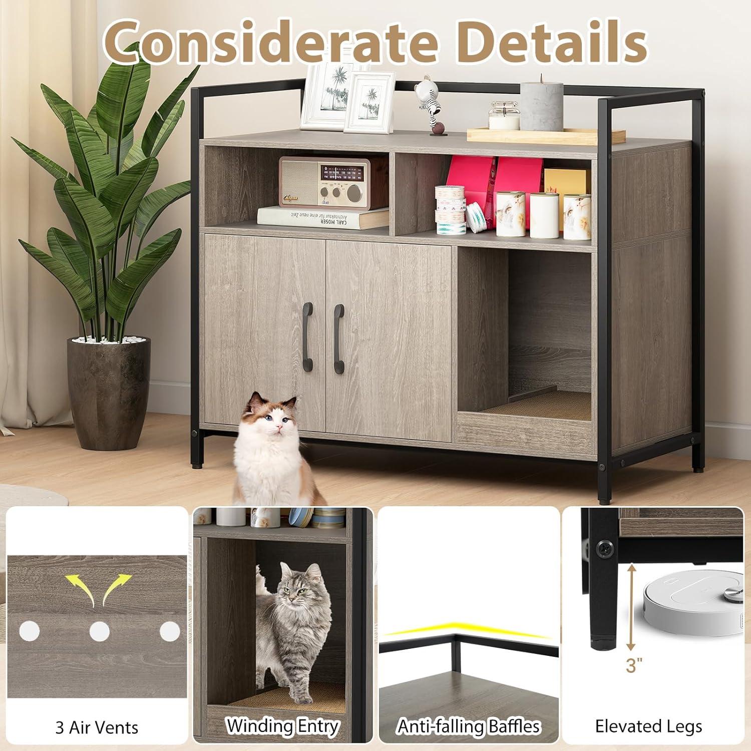 image:imageGiantex Cat Litter Box Enclosure Cat Washroom Hidden Furniture with Front Entry Scratcher 2Door Storage Cabinet 2 Compartments Air Vents Metal Frame Wooden Pet Crate House BlackOak Gray