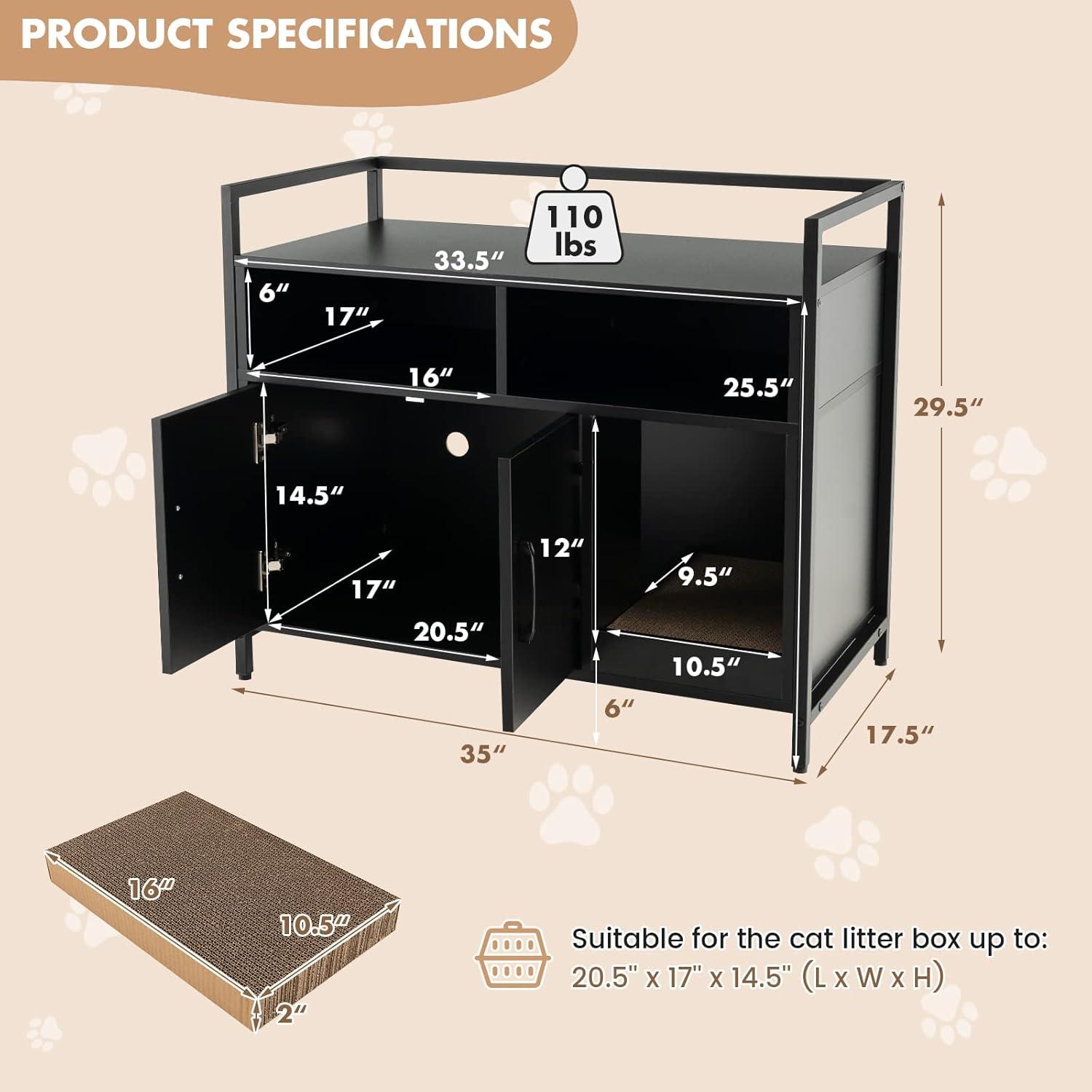 image:imageGiantex Cat Litter Box Enclosure Cat Washroom Hidden Furniture with Front Entry Scratcher 2Door Storage Cabinet 2 Compartments Air Vents Metal Frame Wooden Pet Crate House BlackBlack