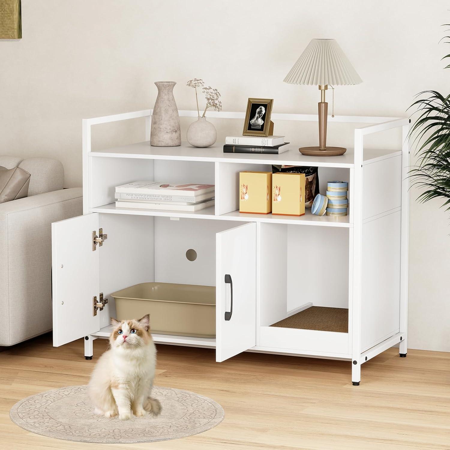 image:imageGiantex Cat Litter Box Enclosure Cat Washroom Hidden Furniture with Front Entry Scratcher 2Door Storage Cabinet 2 Compartments Air Vents Metal Frame Wooden Pet Crate House BlackWhite