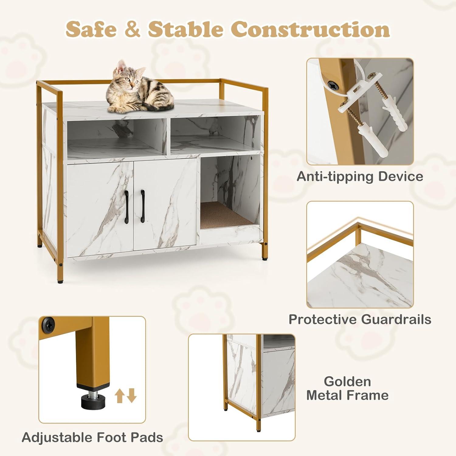 image:imageGiantex Cat Litter Box Enclosure Cat Washroom Hidden Furniture with Front Entry Scratcher 2Door Storage Cabinet 2 Compartments Air Vents Metal Frame Wooden Pet Crate House BlackMarble White
