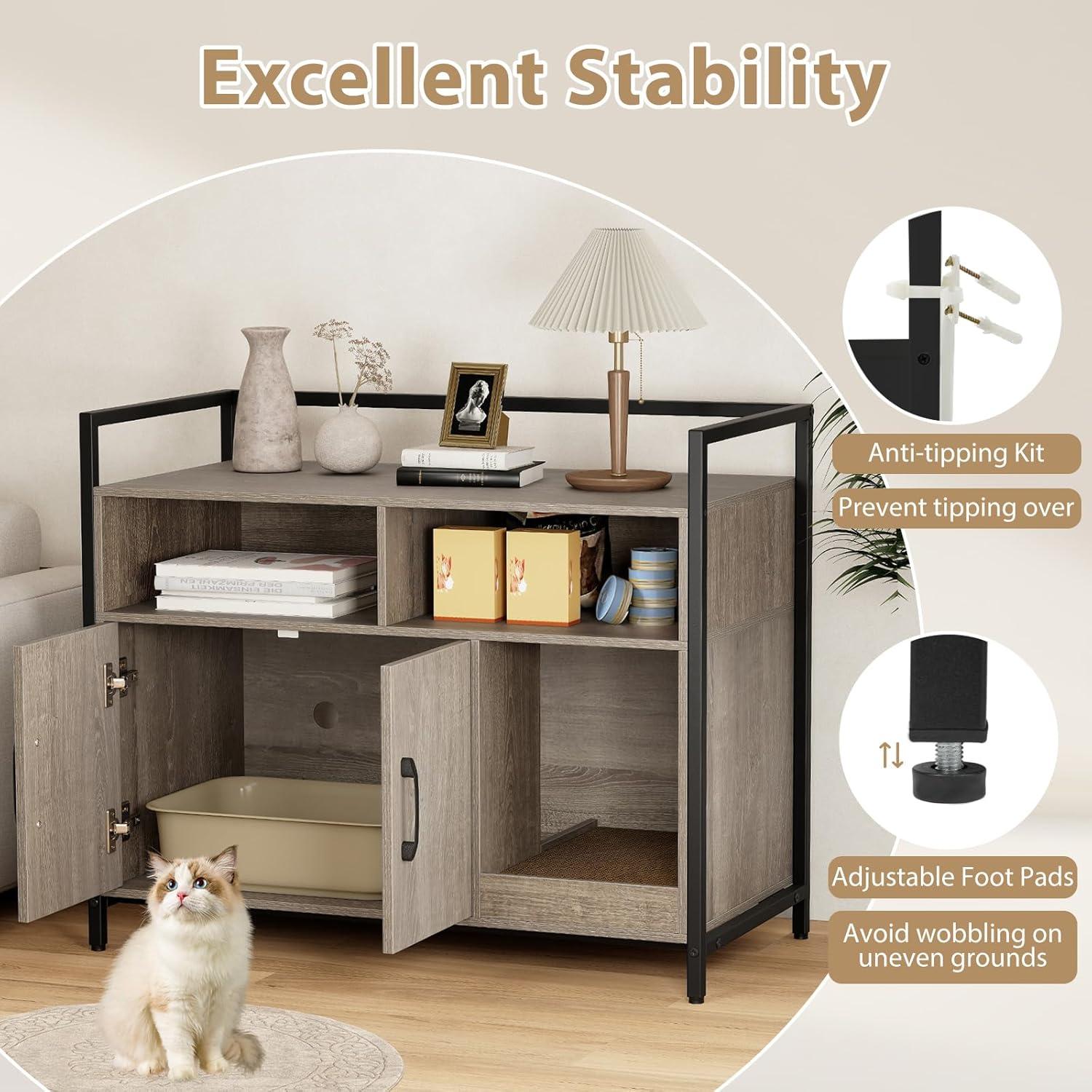 image:imageGiantex Cat Litter Box Enclosure Cat Washroom Hidden Furniture with Front Entry Scratcher 2Door Storage Cabinet 2 Compartments Air Vents Metal Frame Wooden Pet Crate House BlackOak Gray