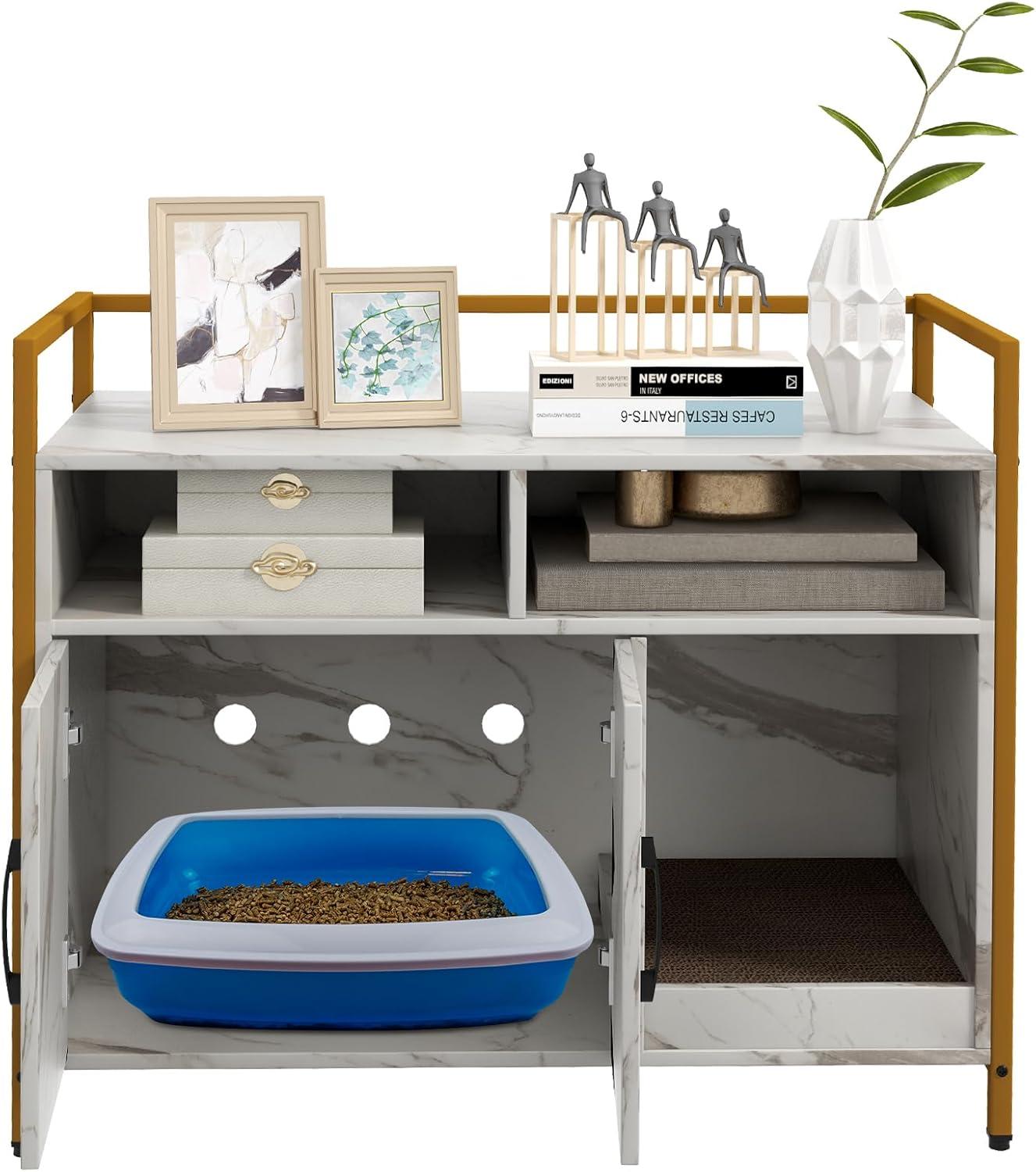 image:imageGiantex Cat Litter Box Enclosure Cat Washroom Hidden Furniture with Front Entry Scratcher 2Door Storage Cabinet 2 Compartments Air Vents Metal Frame Wooden Pet Crate House BlackMarble White