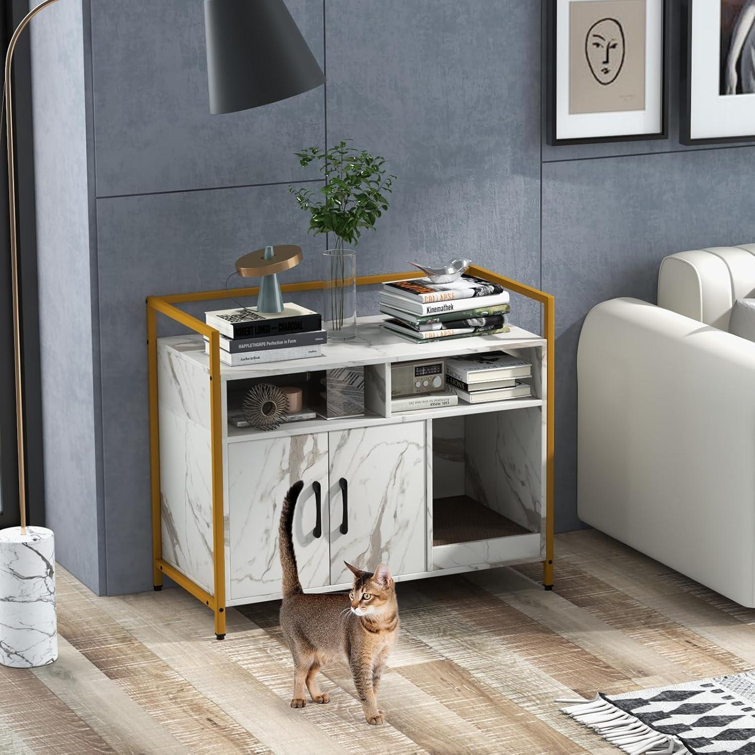 image:imageGiantex Cat Litter Box Enclosure Cat Washroom Hidden Furniture with Front Entry Scratcher 2Door Storage Cabinet 2 Compartments Air Vents Metal Frame Wooden Pet Crate House BlackMarble White