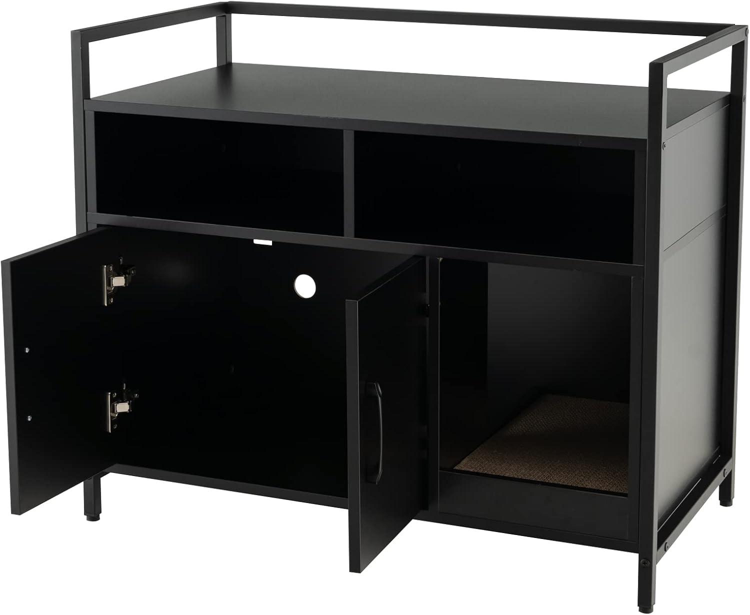 image:imageGiantex Cat Litter Box Enclosure Cat Washroom Hidden Furniture with Front Entry Scratcher 2Door Storage Cabinet 2 Compartments Air Vents Metal Frame Wooden Pet Crate House BlackBlack