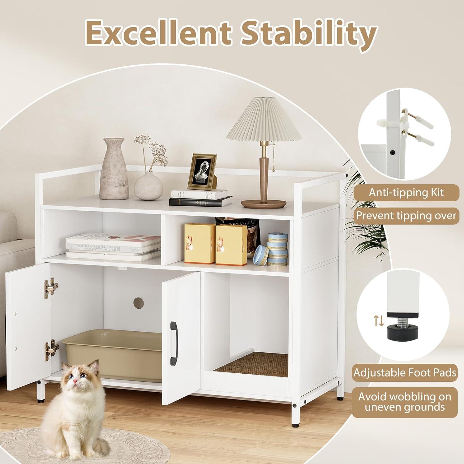 image:imageGiantex Cat Litter Box Enclosure Cat Washroom Hidden Furniture with Front Entry Scratcher 2Door Storage Cabinet 2 Compartments Air Vents Metal Frame Wooden Pet Crate House BlackWhite