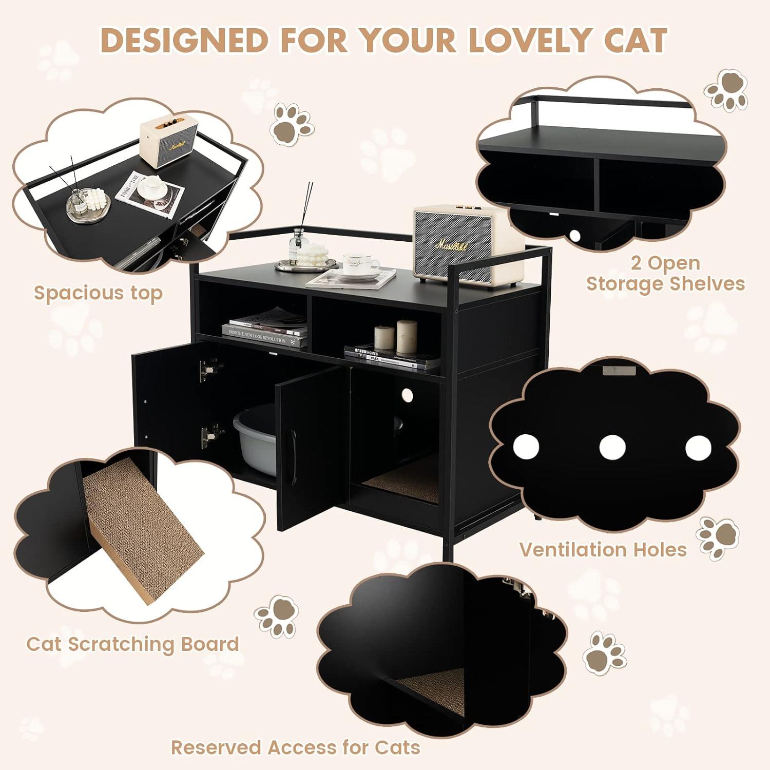 image:imageGiantex Cat Litter Box Enclosure Cat Washroom Hidden Furniture with Front Entry Scratcher 2Door Storage Cabinet 2 Compartments Air Vents Metal Frame Wooden Pet Crate House BlackBlack