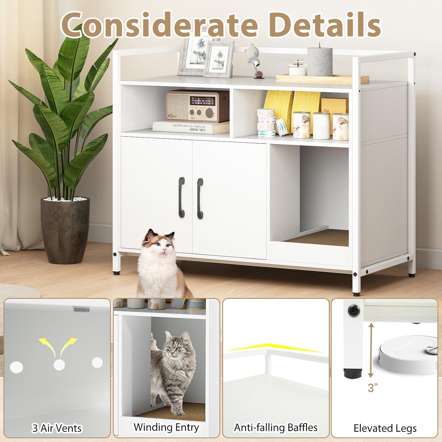 image:imageGiantex Cat Litter Box Enclosure Cat Washroom Hidden Furniture with Front Entry Scratcher 2Door Storage Cabinet 2 Compartments Air Vents Metal Frame Wooden Pet Crate House BlackWhite