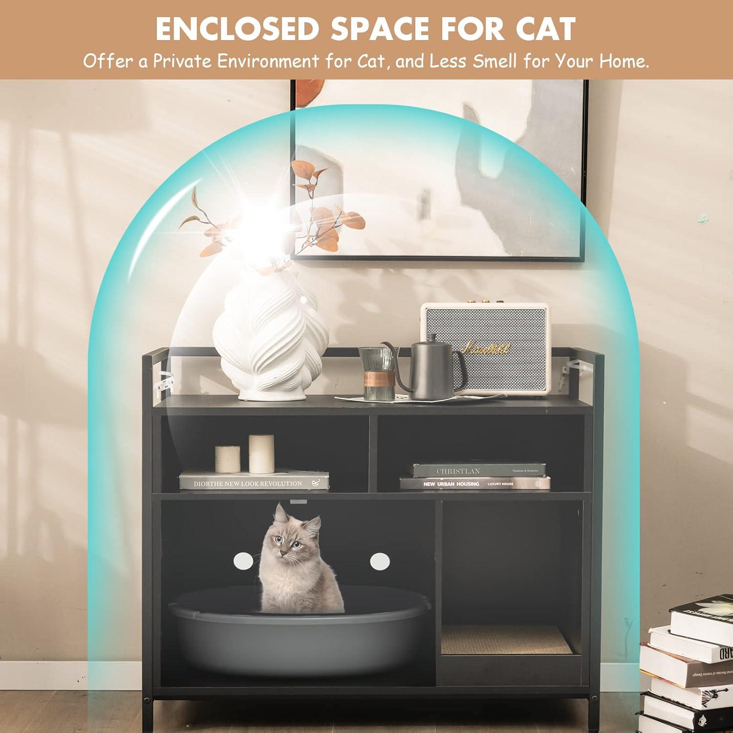 image:imageGiantex Cat Litter Box Enclosure Cat Washroom Hidden Furniture with Front Entry Scratcher 2Door Storage Cabinet 2 Compartments Air Vents Metal Frame Wooden Pet Crate House BlackBlack
