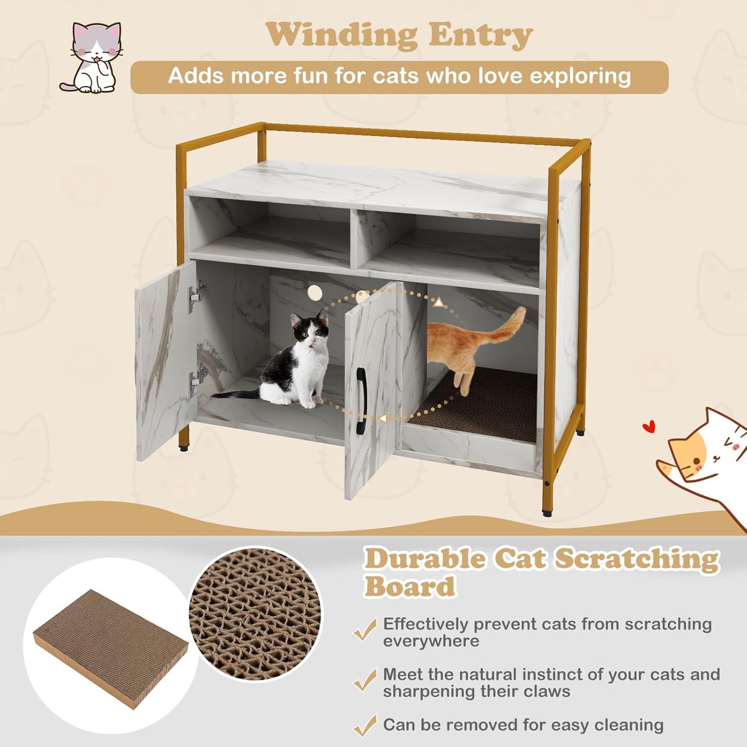 image:imageGiantex Cat Litter Box Enclosure Cat Washroom Hidden Furniture with Front Entry Scratcher 2Door Storage Cabinet 2 Compartments Air Vents Metal Frame Wooden Pet Crate House BlackMarble White