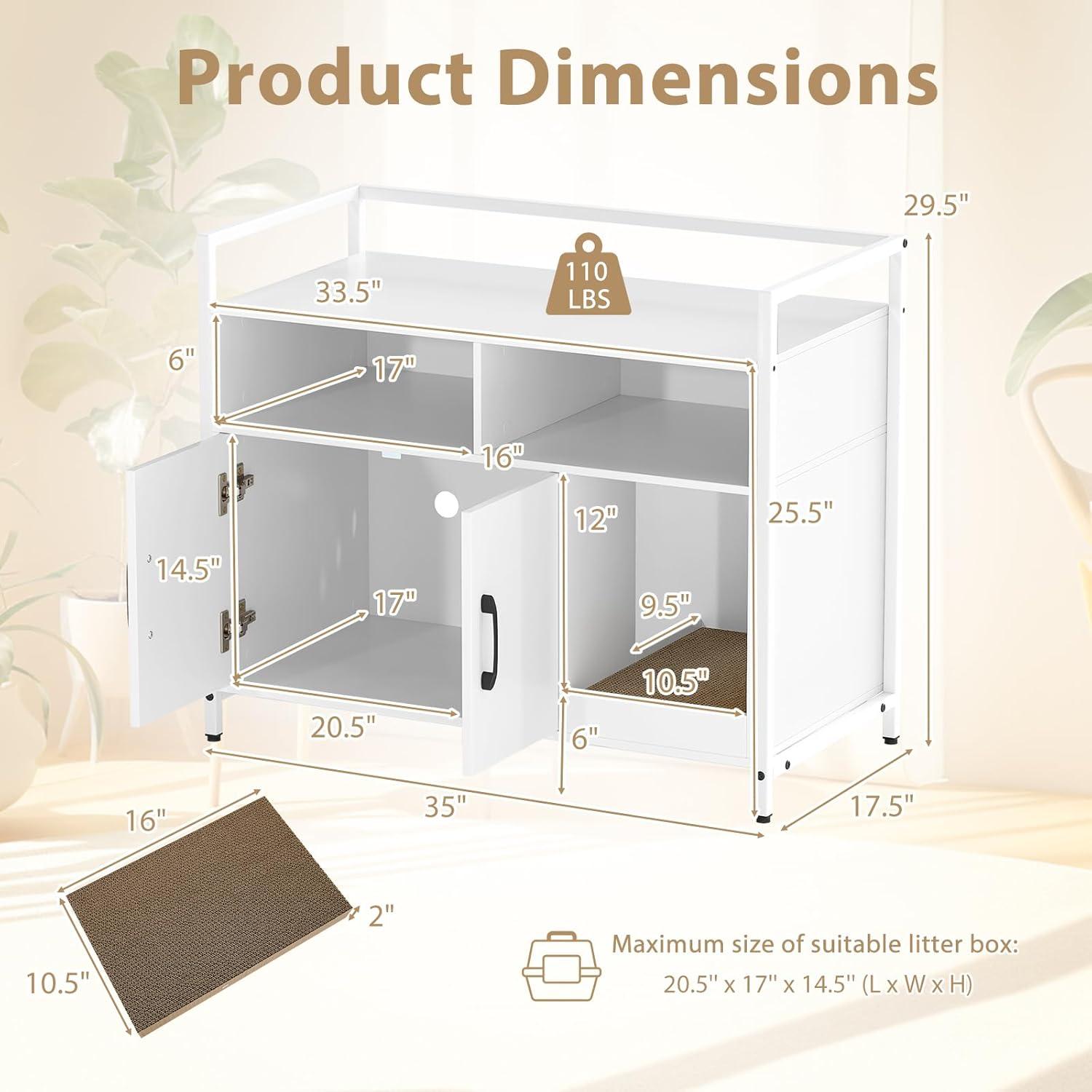 image:imageGiantex Cat Litter Box Enclosure Cat Washroom Hidden Furniture with Front Entry Scratcher 2Door Storage Cabinet 2 Compartments Air Vents Metal Frame Wooden Pet Crate House BlackWhite