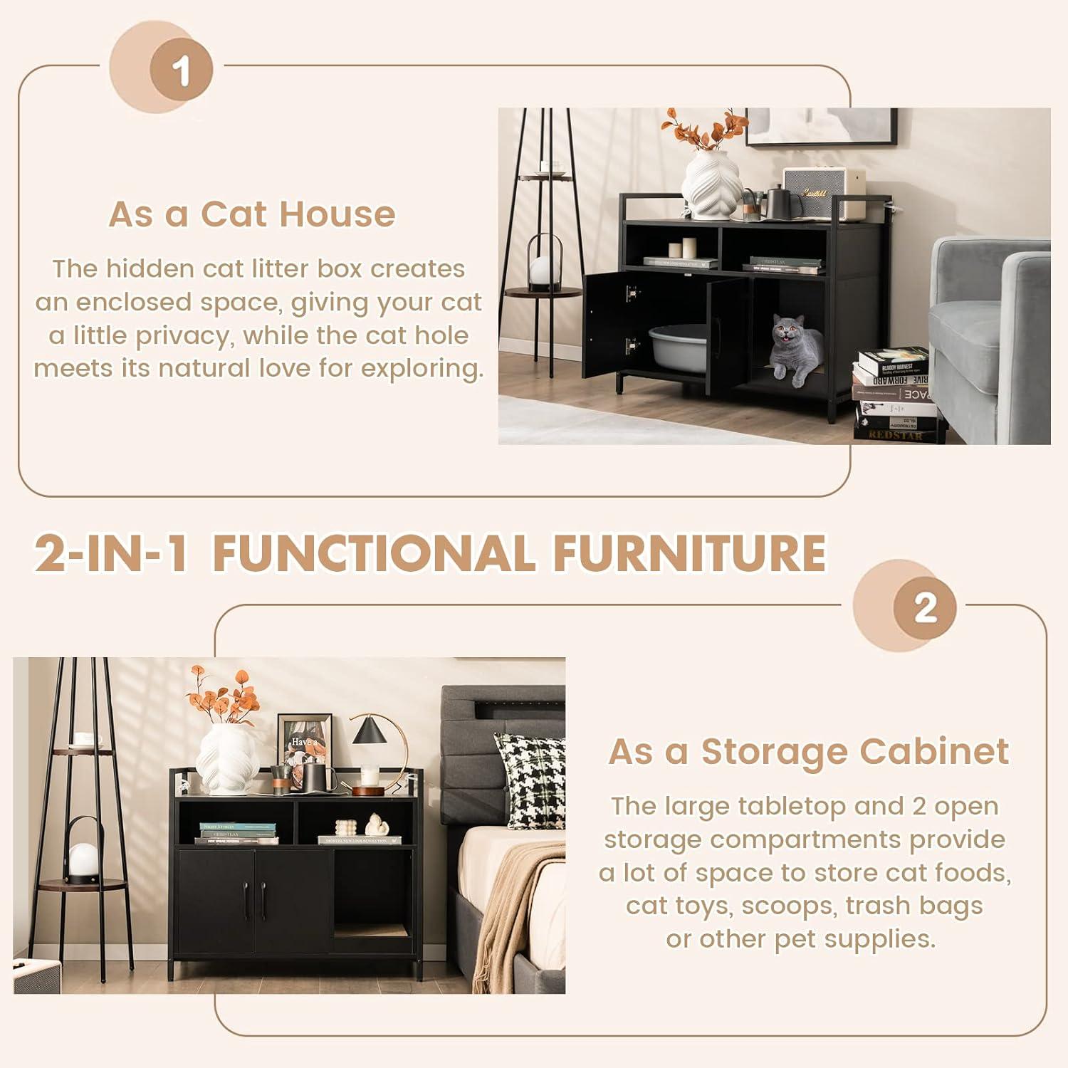 image:imageGiantex Cat Litter Box Enclosure Cat Washroom Hidden Furniture with Front Entry Scratcher 2Door Storage Cabinet 2 Compartments Air Vents Metal Frame Wooden Pet Crate House BlackBlack