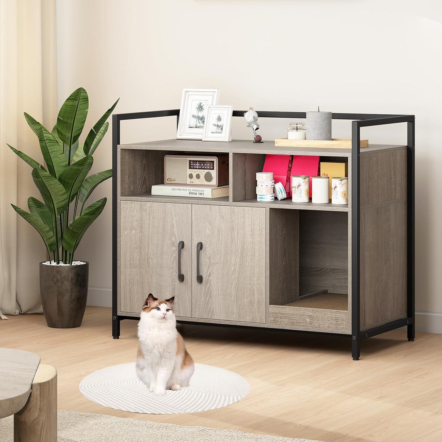 image:imageGiantex Cat Litter Box Enclosure Cat Washroom Hidden Furniture with Front Entry Scratcher 2Door Storage Cabinet 2 Compartments Air Vents Metal Frame Wooden Pet Crate House BlackOak Gray