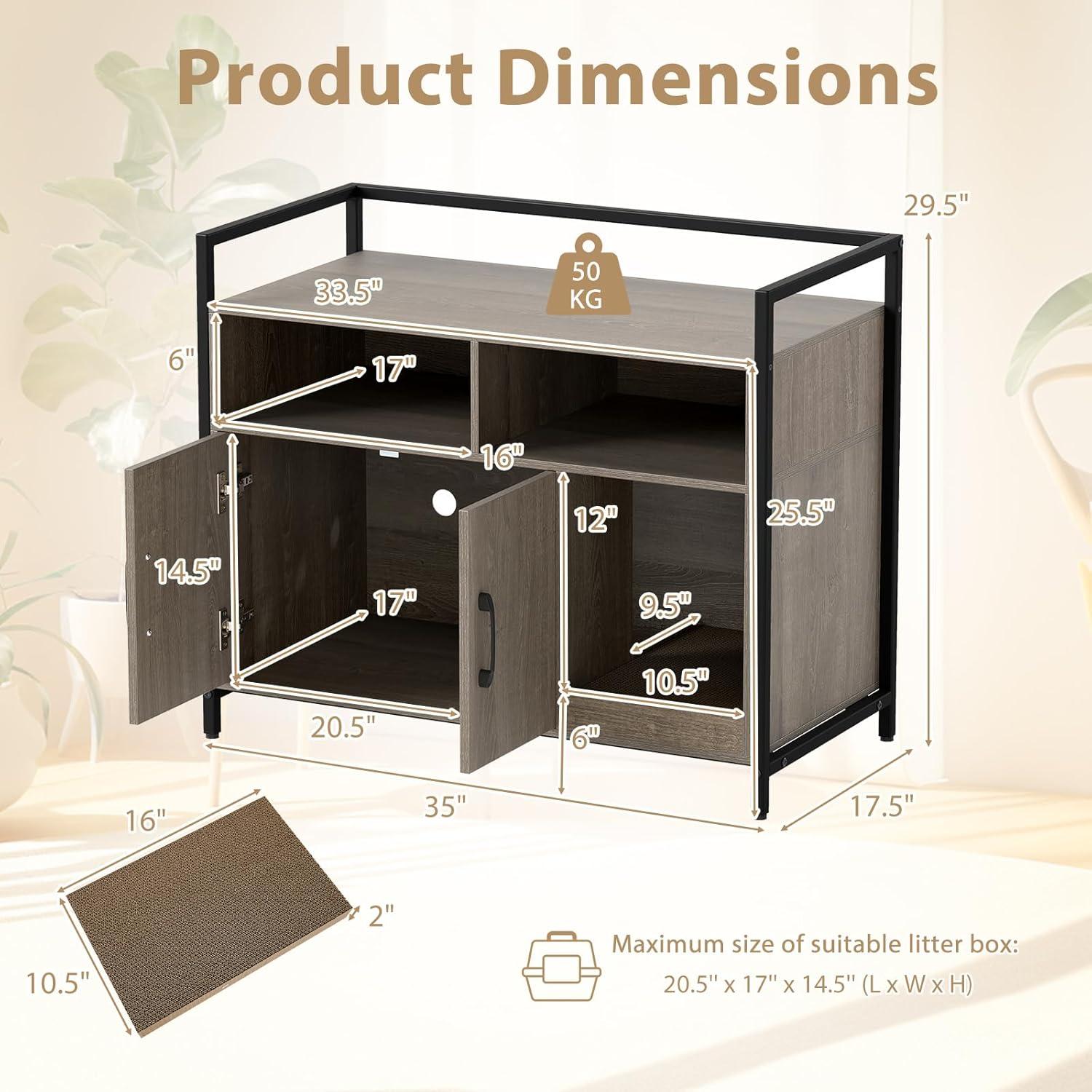 image:imageGiantex Cat Litter Box Enclosure Cat Washroom Hidden Furniture with Front Entry Scratcher 2Door Storage Cabinet 2 Compartments Air Vents Metal Frame Wooden Pet Crate House BlackOak Gray