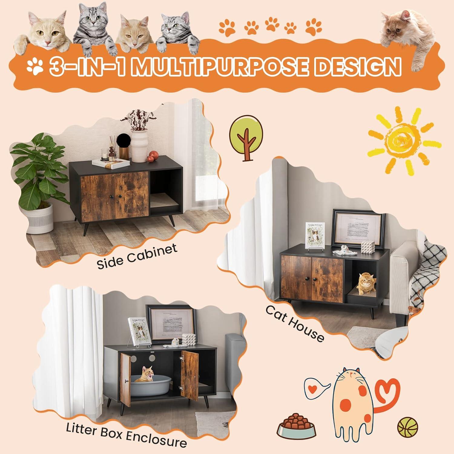 image:imageGiantex Cat Litter Box Enclosure Hidden Cat Washroom Furniture 2Door Cabinet Front Entry 3 Vent Holes Cat Scratching Pad Wooden Pet House Crate End Table for Living Room Black amp Rustic BrownBlack Rustic Brown