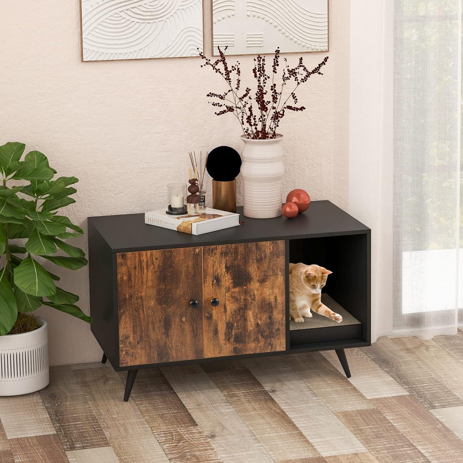 image:imageGiantex Cat Litter Box Enclosure Hidden Cat Washroom Furniture 2Door Cabinet Front Entry 3 Vent Holes Cat Scratching Pad Wooden Pet House Crate End Table for Living Room Black amp Rustic BrownBlack Rustic Brown