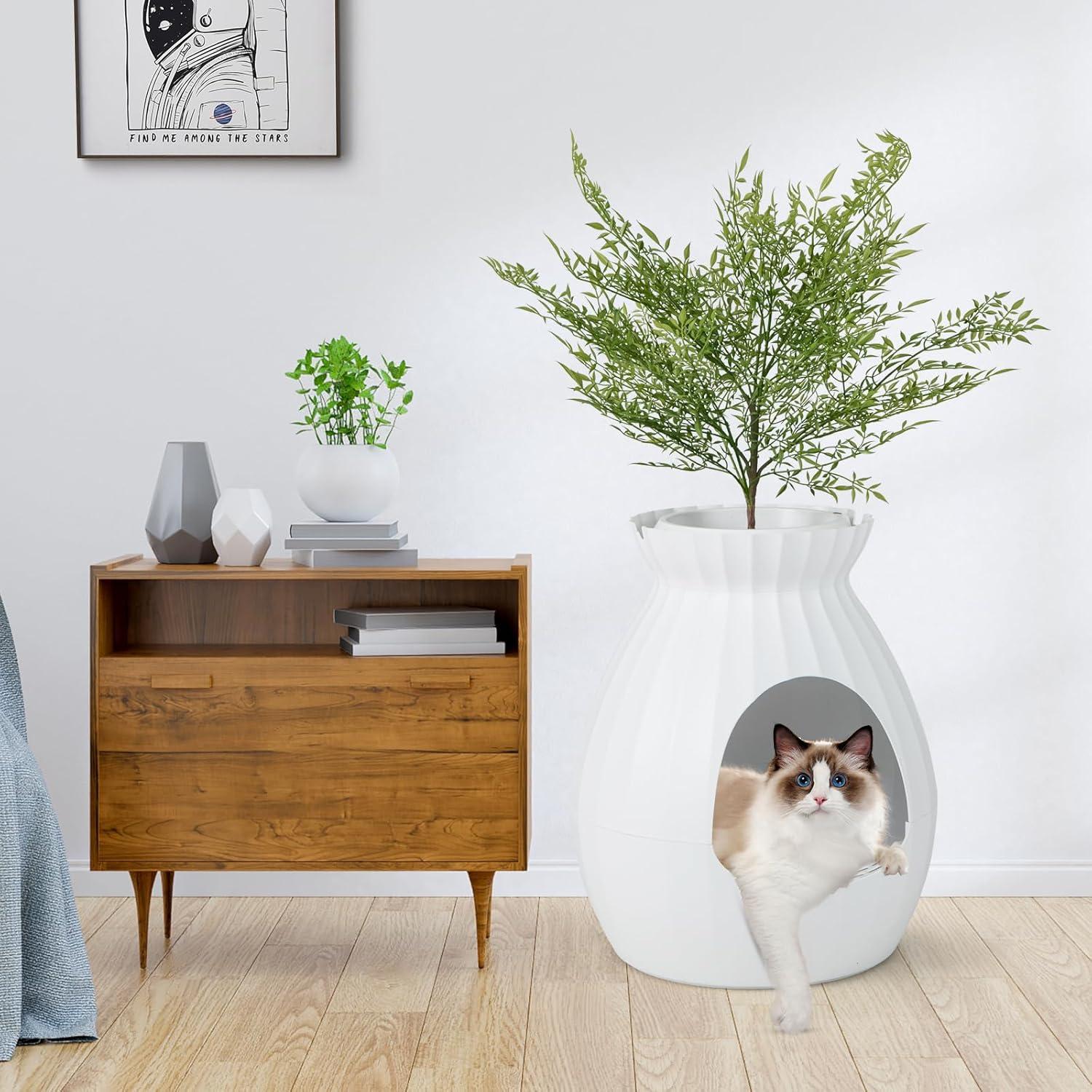 image:imageGiantex Cat Litter Box Plant Hidden Litter Box Furniture with Electronic Odor Removal System Detachable Door Curtain Scoop Cat Litter Box Enclosure Planter Home Decor Easy to Clean WhiteWhite
