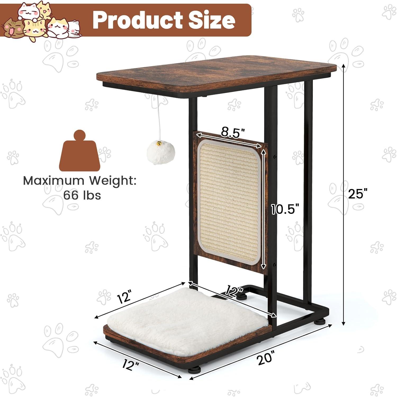 image:imageGiantex Cat Scratcher Side Table CShaped End Table with Cat Scratching Board Washable Cushion Jingling Ball Metal Frame Couch Table Cat Tree Tower for Living Room Bedroom Rustic Brown