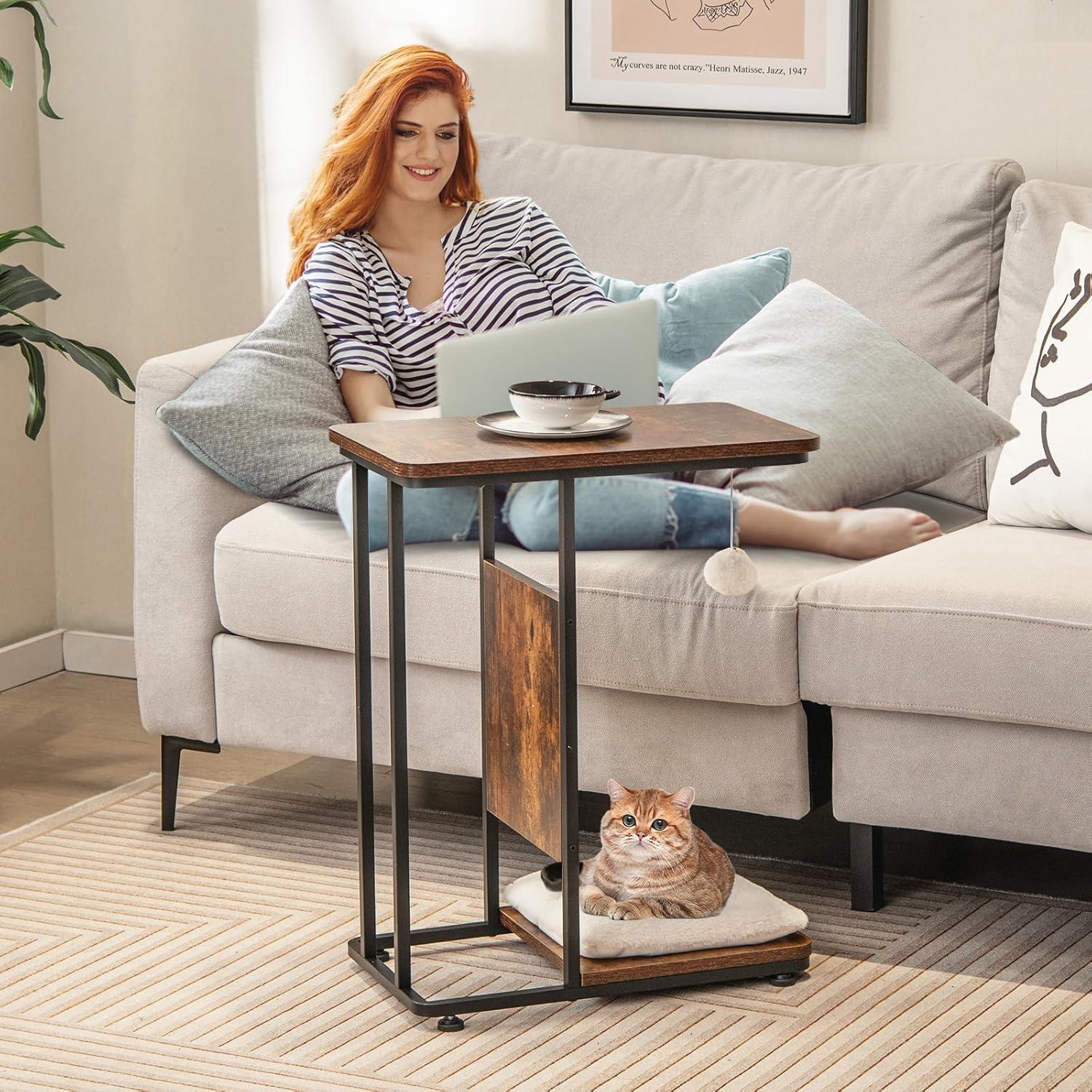 image:imageGiantex Cat Scratcher Side Table CShaped End Table with Cat Scratching Board Washable Cushion Jingling Ball Metal Frame Couch Table Cat Tree Tower for Living Room Bedroom Rustic Brown