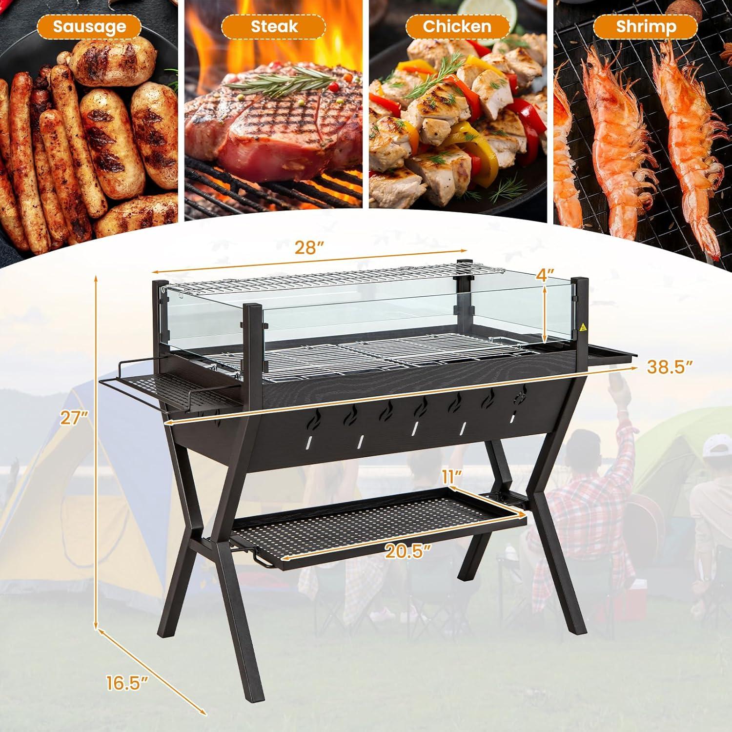 image:imageGiantex Charcoal Grill with Transparent Glass Wind Guard Heavy Duty BBQ Grill Campfire Pit Fire Bowl Side Spice Racks Bottom Storage Shelf for Outdoor Cooking Backyard Barbecue Party
