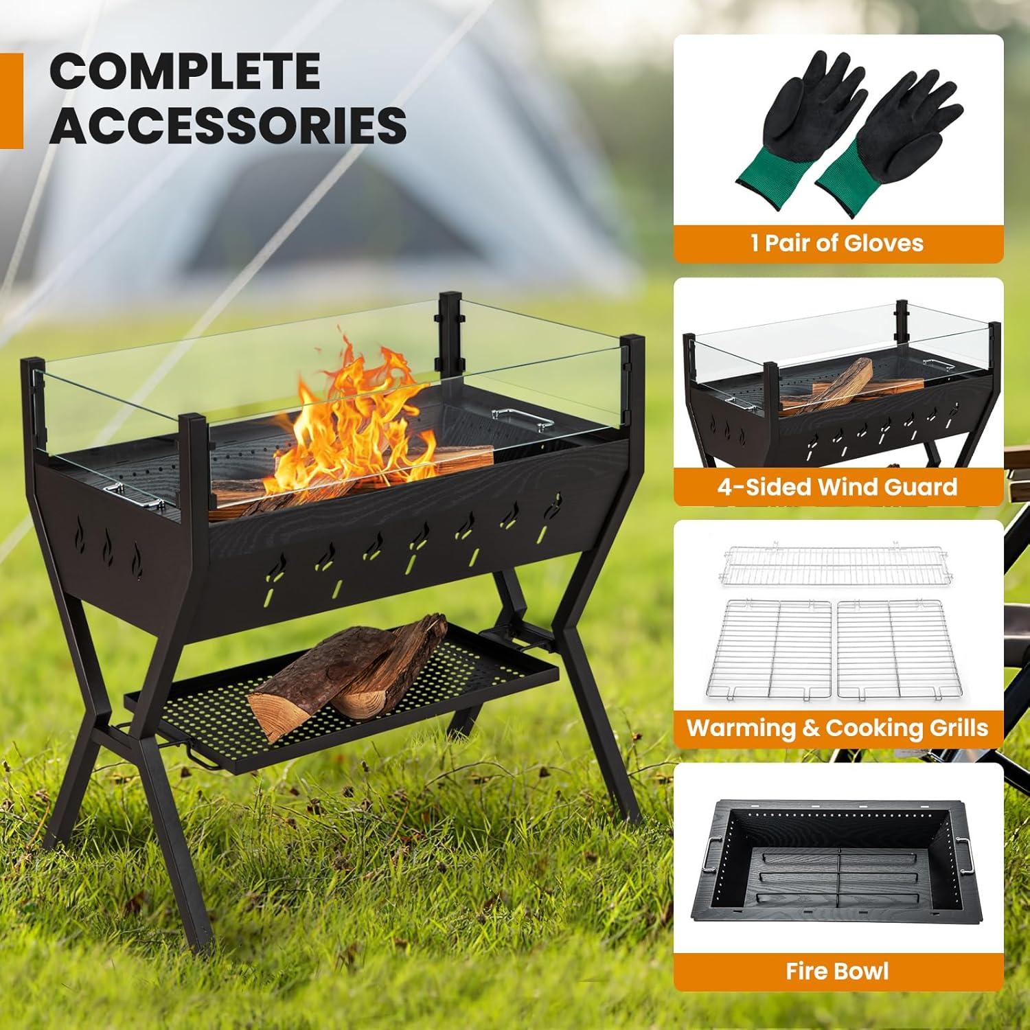 image:imageGiantex Charcoal Grill with Transparent Glass Wind Guard Heavy Duty BBQ Grill Campfire Pit Fire Bowl Side Spice Racks Bottom Storage Shelf for Outdoor Cooking Backyard Barbecue Party