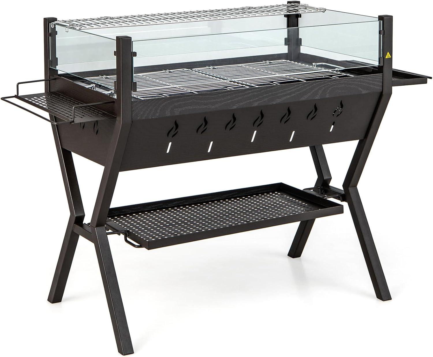 image:imageGiantex Charcoal Grill with Transparent Glass Wind Guard Heavy Duty BBQ Grill Campfire Pit Fire Bowl Side Spice Racks Bottom Storage Shelf for Outdoor Cooking Backyard Barbecue Party