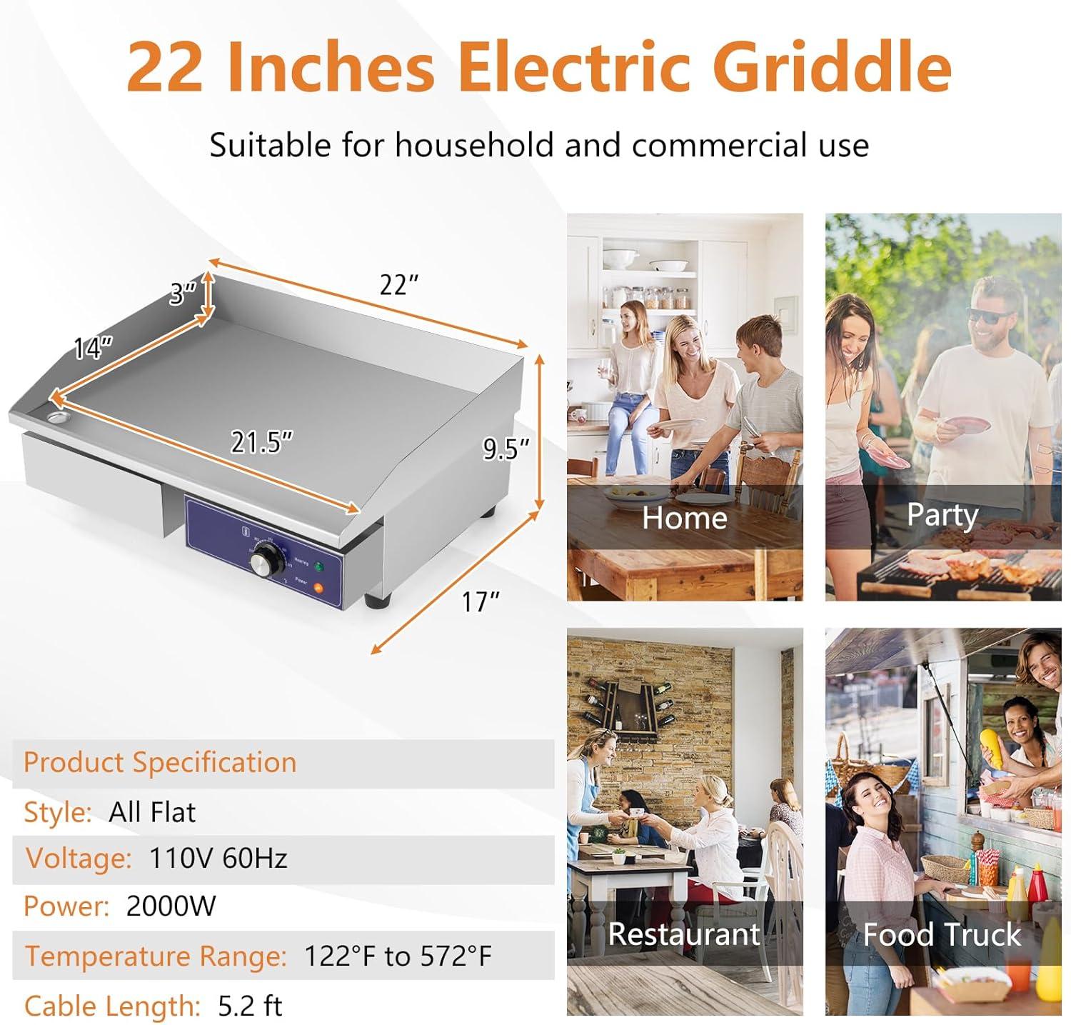 image:imageGiantex Commercial Griddle 22 Electric Griddle 2000W Cast Iron Griddle Stainless Steel Frame 122572 Adjustable Temperature Control Removable Oil Storage Box Restaurant Teppanyaki Grill