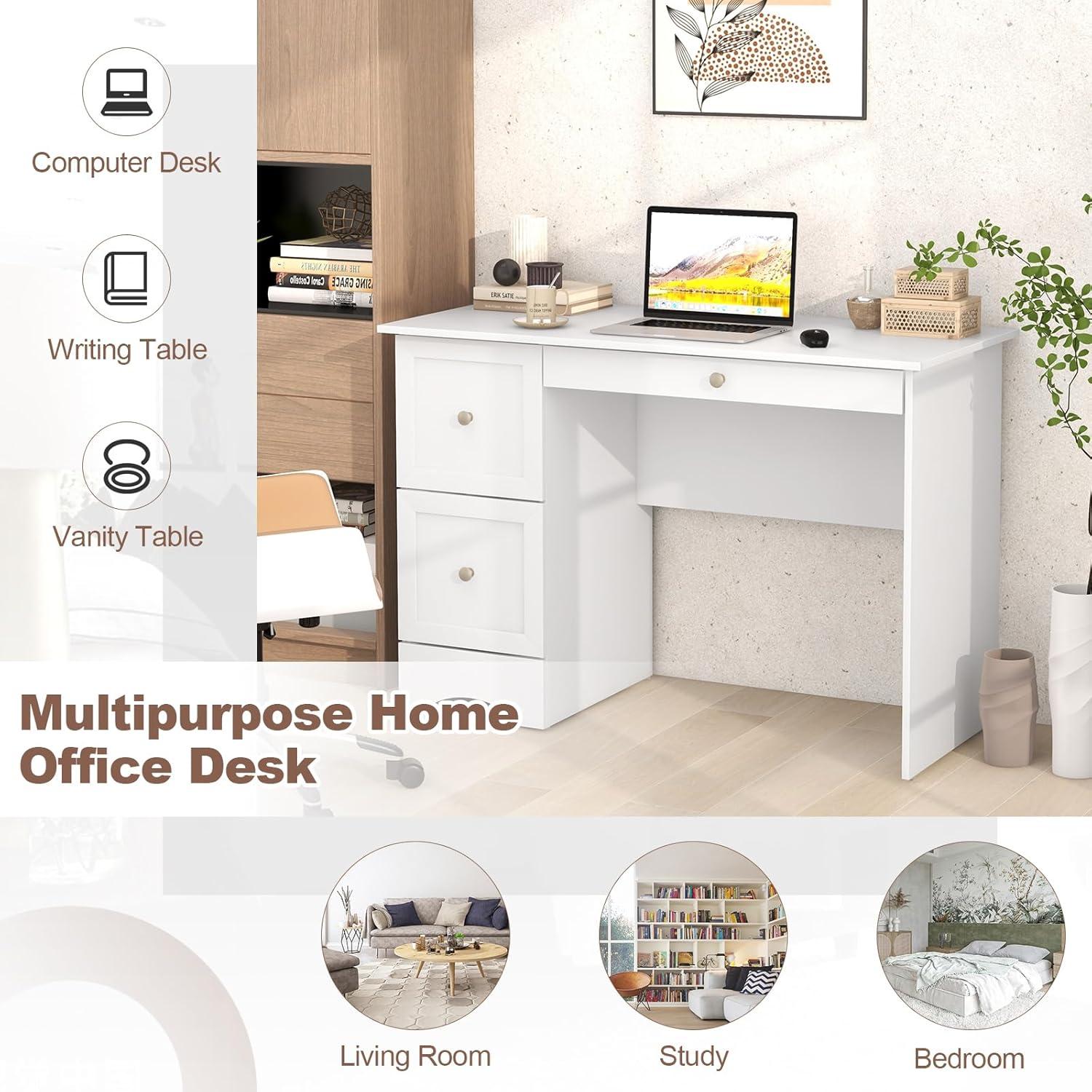 image:imageGiantex Computer Desk with 2 Drawers Modern PC Desk with Storage Study Writing Table w 2in1 Keyboard Tray Wooden Laptop Workstation for Home Office Bedroom Living Room White