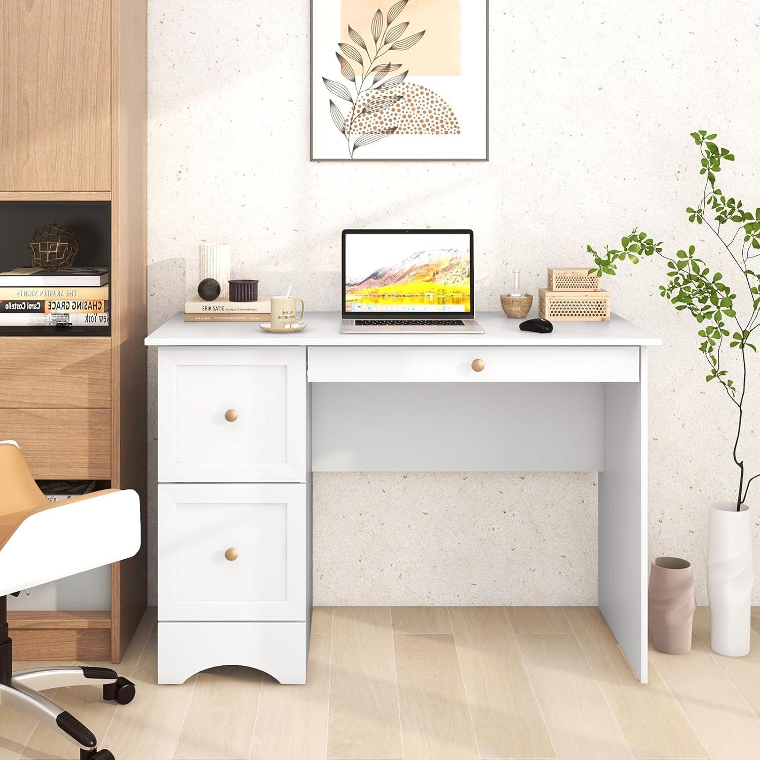 image:imageGiantex Computer Desk with 2 Drawers Modern PC Desk with Storage Study Writing Table w 2in1 Keyboard Tray Wooden Laptop Workstation for Home Office Bedroom Living Room White
