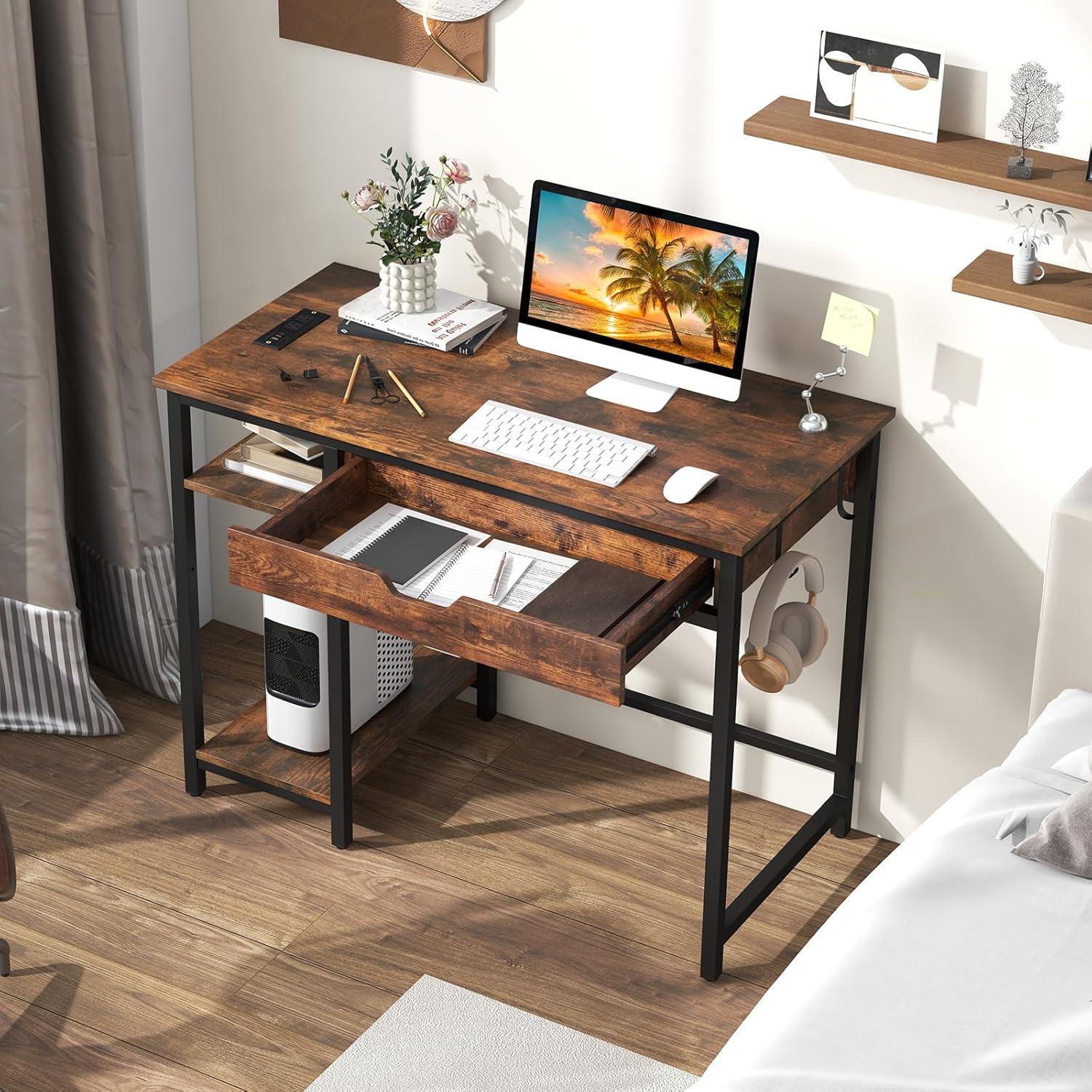image:imageGiantex Computer Desk with Drawers and Power Outlets Industrial Gaming Desk Computer Workstation with Adjustable Storage Shelf Headphone Hooks Study Writing Work Desk for Home Office