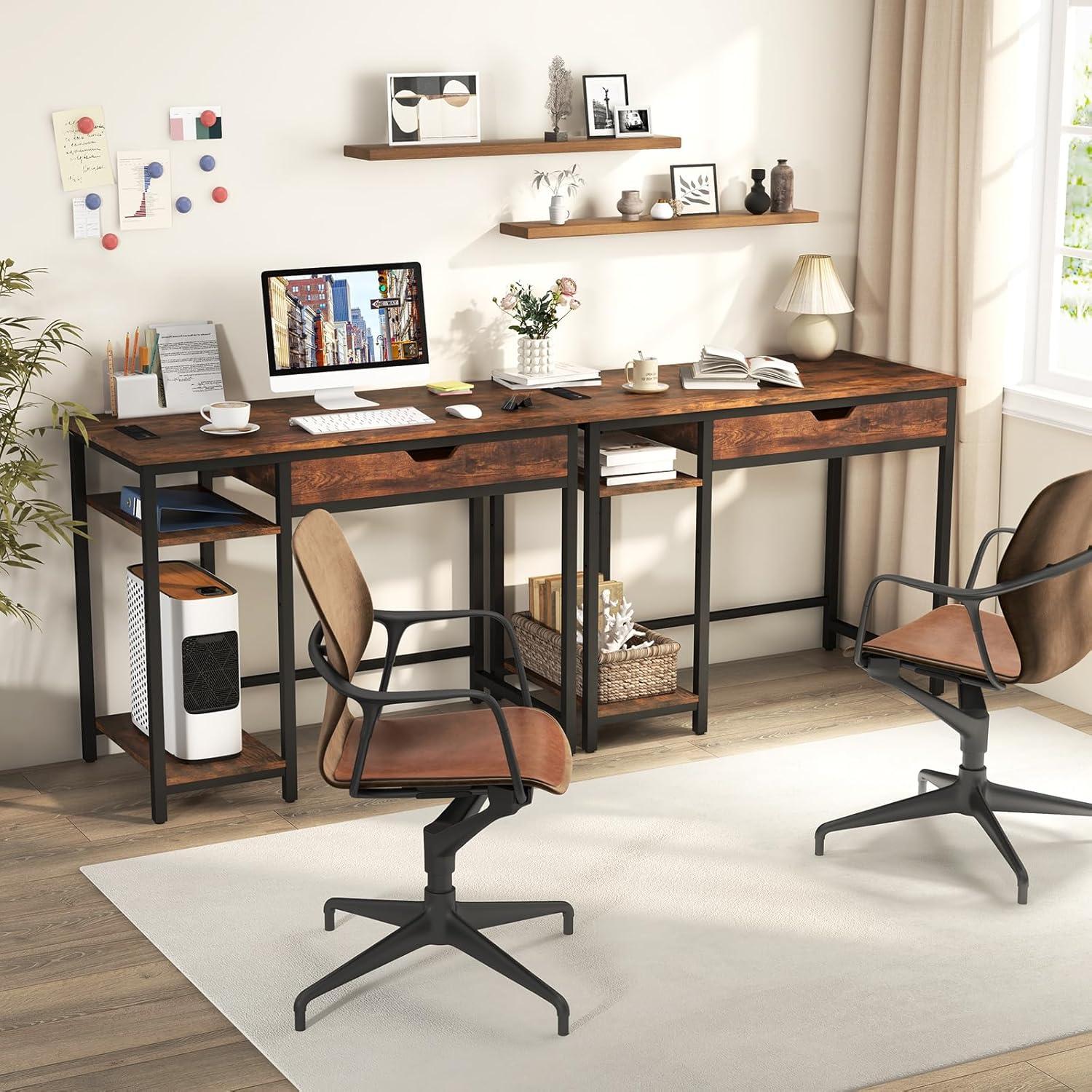 image:imageGiantex Computer Desk with Drawers and Power Outlets Industrial Gaming Desk Computer Workstation with Adjustable Storage Shelf Headphone Hooks Study Writing Work Desk for Home Office