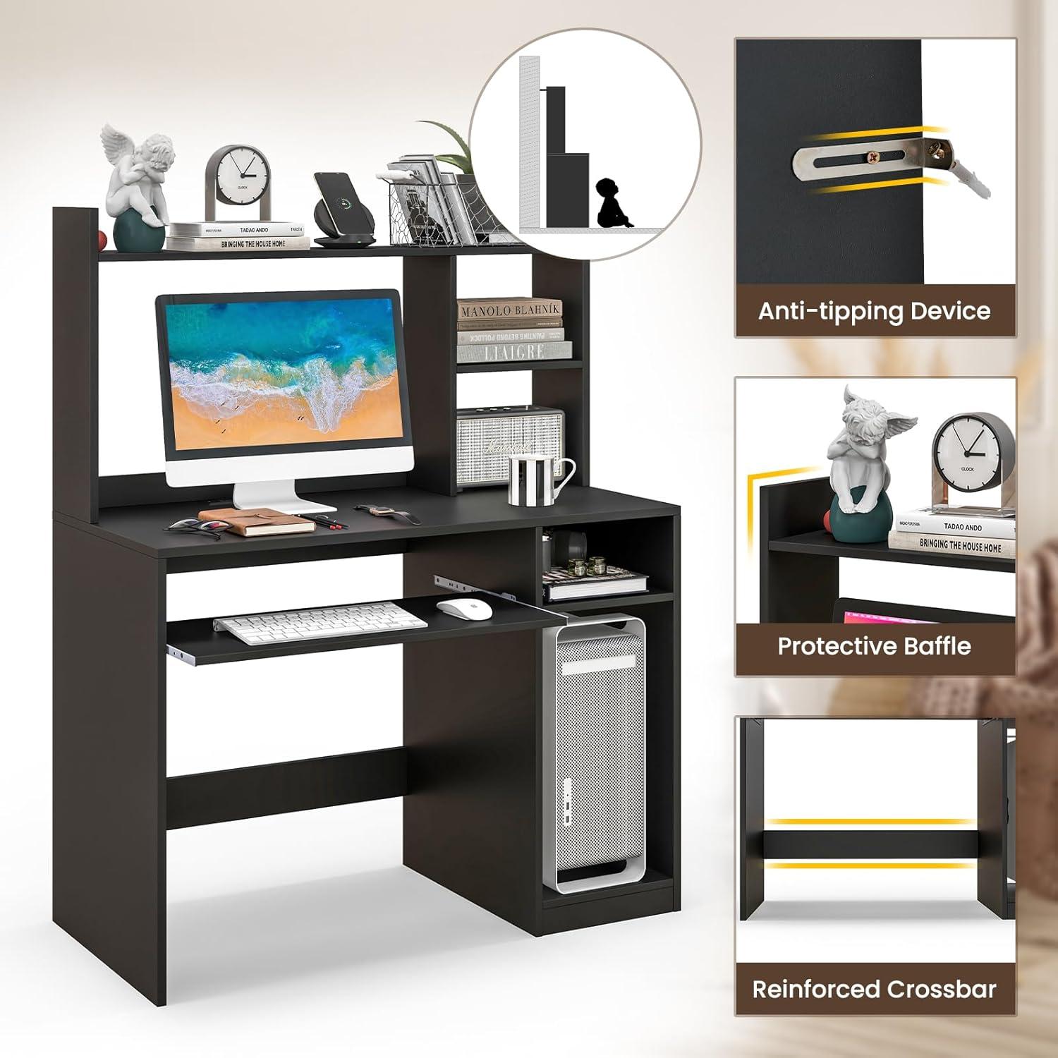 image:imageGiantex Computer Desk with Hutch 435 Inch Home Office Desk with Keyboard Tray amp Charging Station Laptop PC Table for Workstation Modern Study Writing Desk for Small Space Bedroom BlackBlack