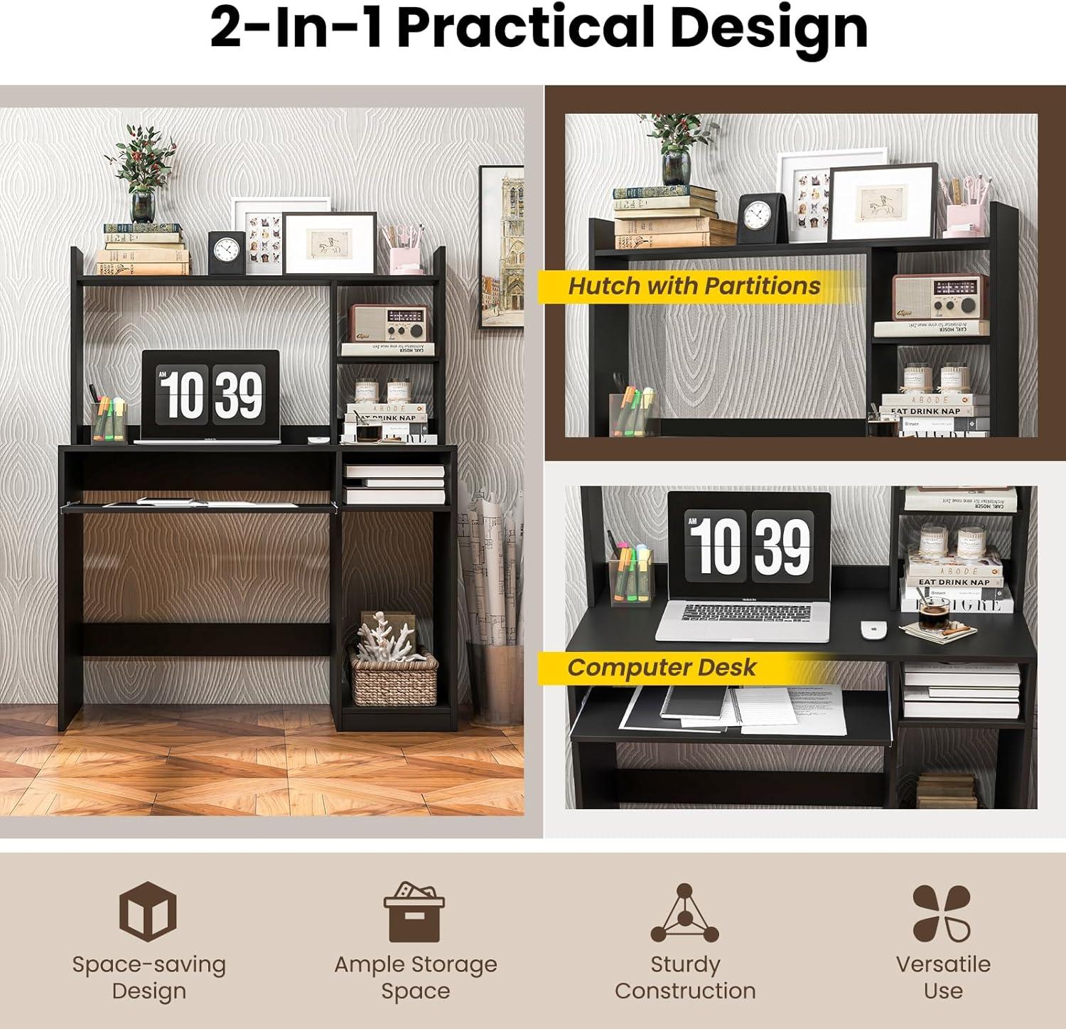 image:imageGiantex Computer Desk with Hutch 435 Inch Home Office Desk with Keyboard Tray amp Charging Station Laptop PC Table for Workstation Modern Study Writing Desk for Small Space Bedroom BlackBlack
