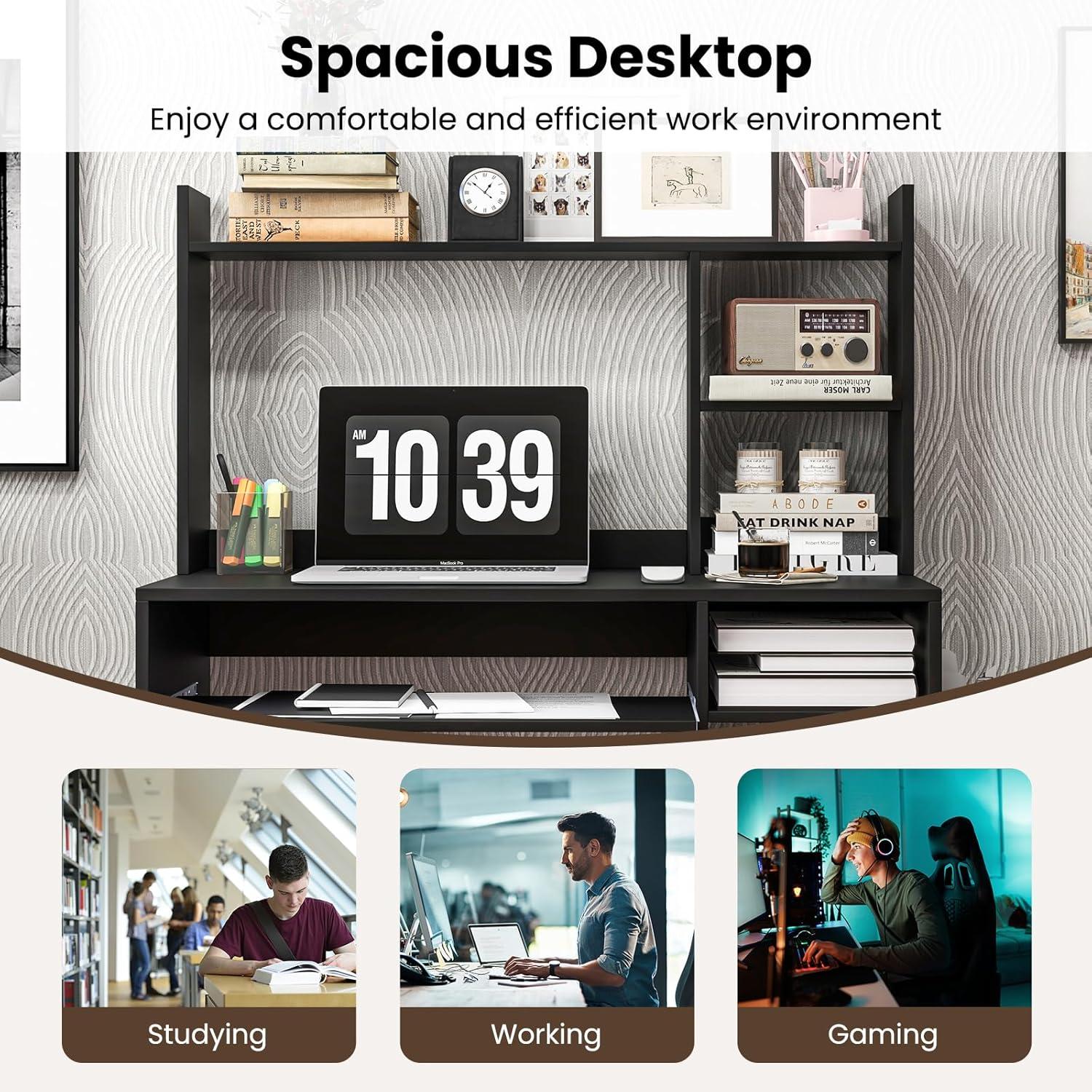 image:imageGiantex Computer Desk with Hutch 435 Inch Home Office Desk with Keyboard Tray amp Charging Station Laptop PC Table for Workstation Modern Study Writing Desk for Small Space Bedroom BlackBlack