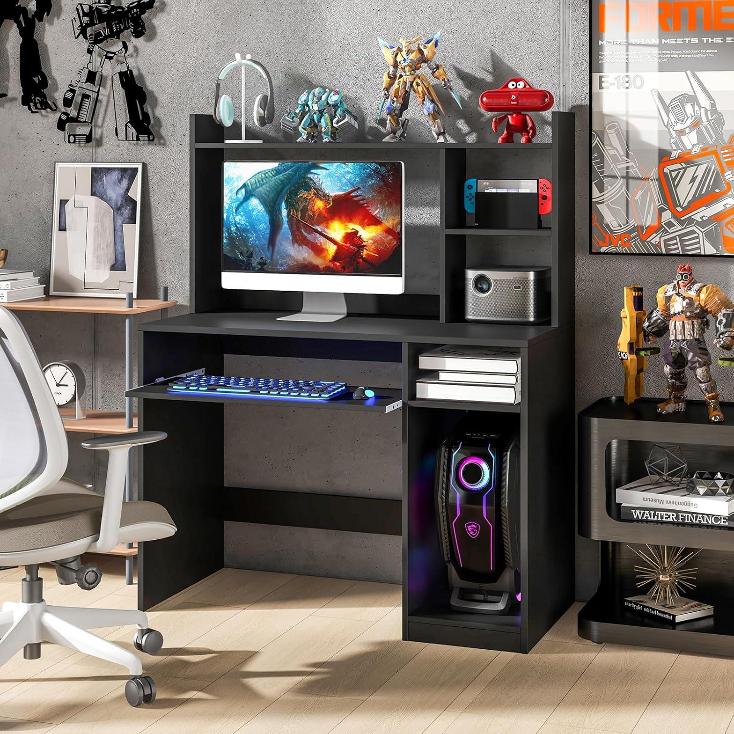 image:imageGiantex Computer Desk with Hutch 435 Inch Home Office Desk with Keyboard Tray amp Charging Station Laptop PC Table for Workstation Modern Study Writing Desk for Small Space Bedroom BlackBlack